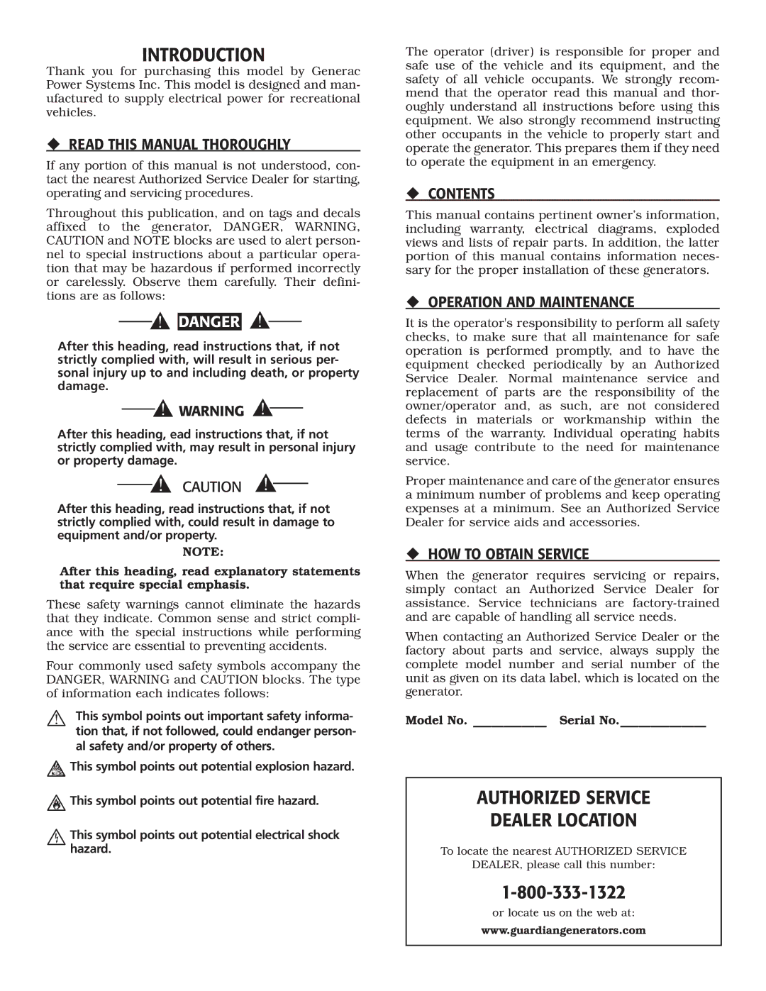Generac Power Systems 004709-0 owner manual Introduction, Authorized Service Dealer Location 