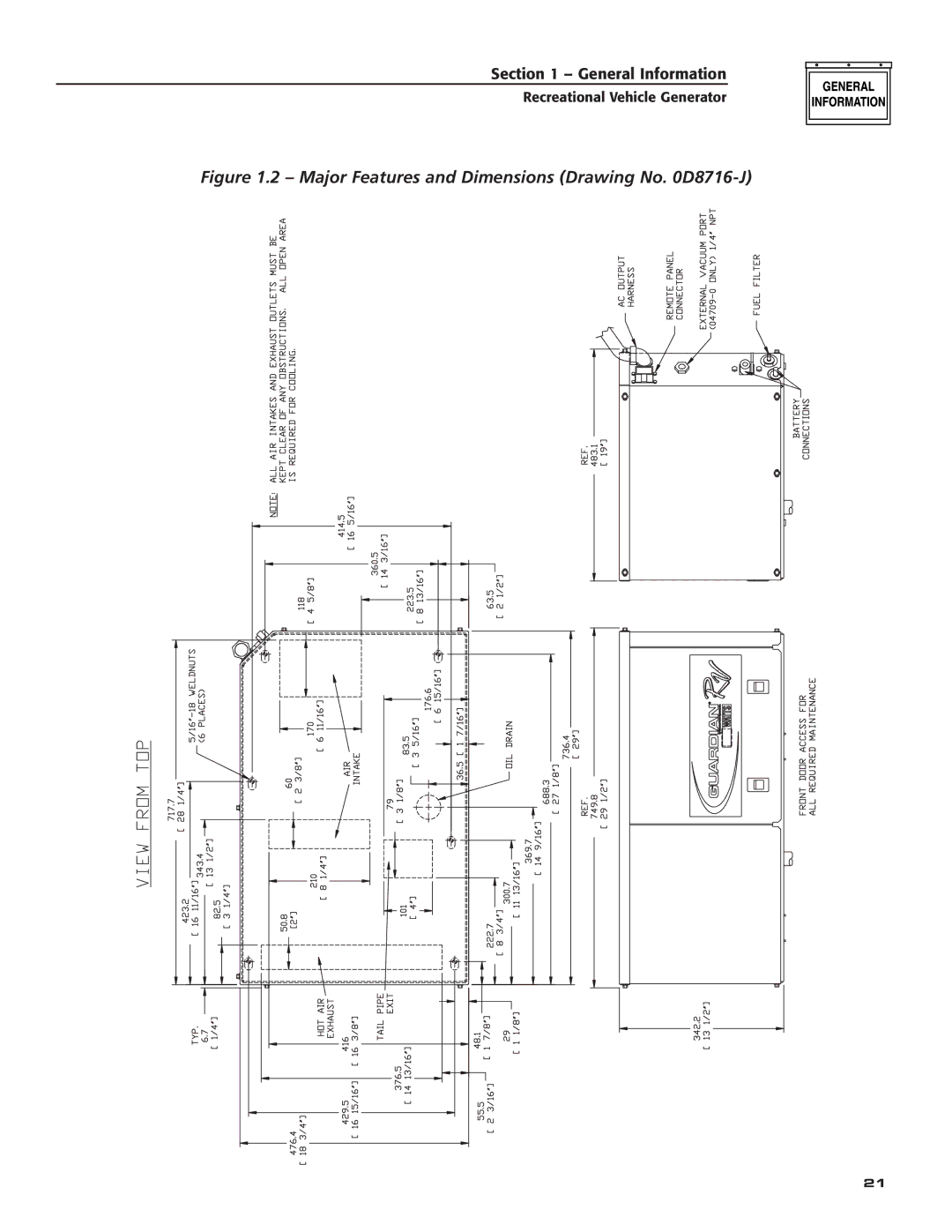 Generac Power Systems 004709-0 owner manual Major Features and Dimensions Drawing No D8716-J 