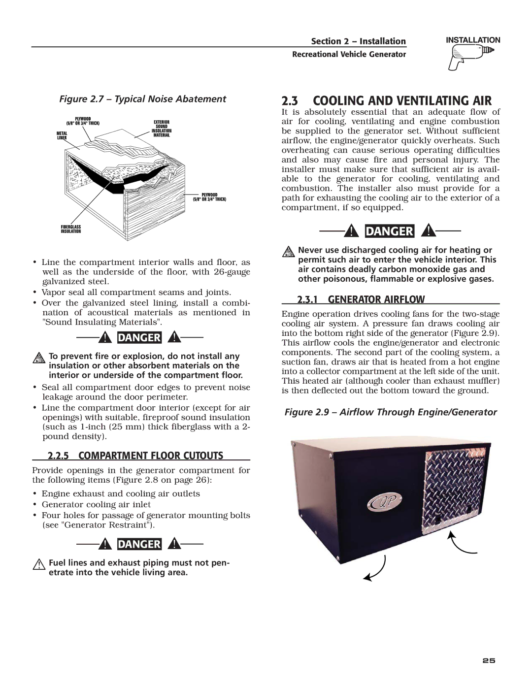 Generac Power Systems 004709-0 owner manual ‹ 2.2.5 Compartment Floor Cutouts, ‹ 2.3.1 Generator Airflow 