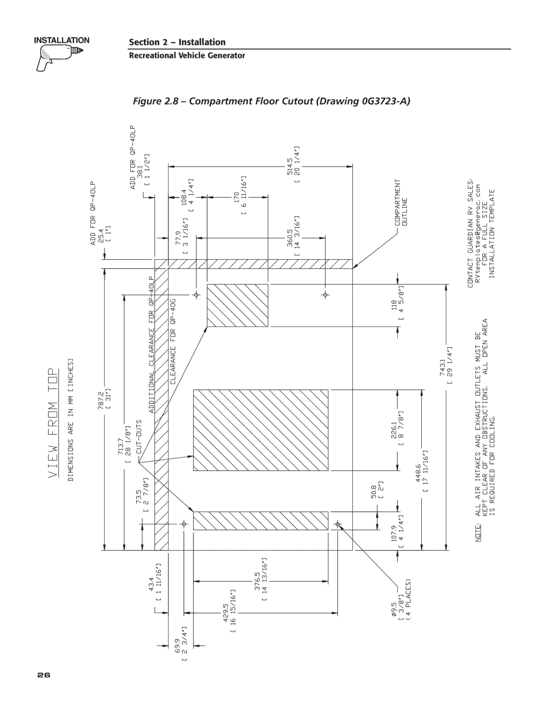 Generac Power Systems 004709-0 owner manual Compartment Floor Cutout Drawing 0G3723-A 
