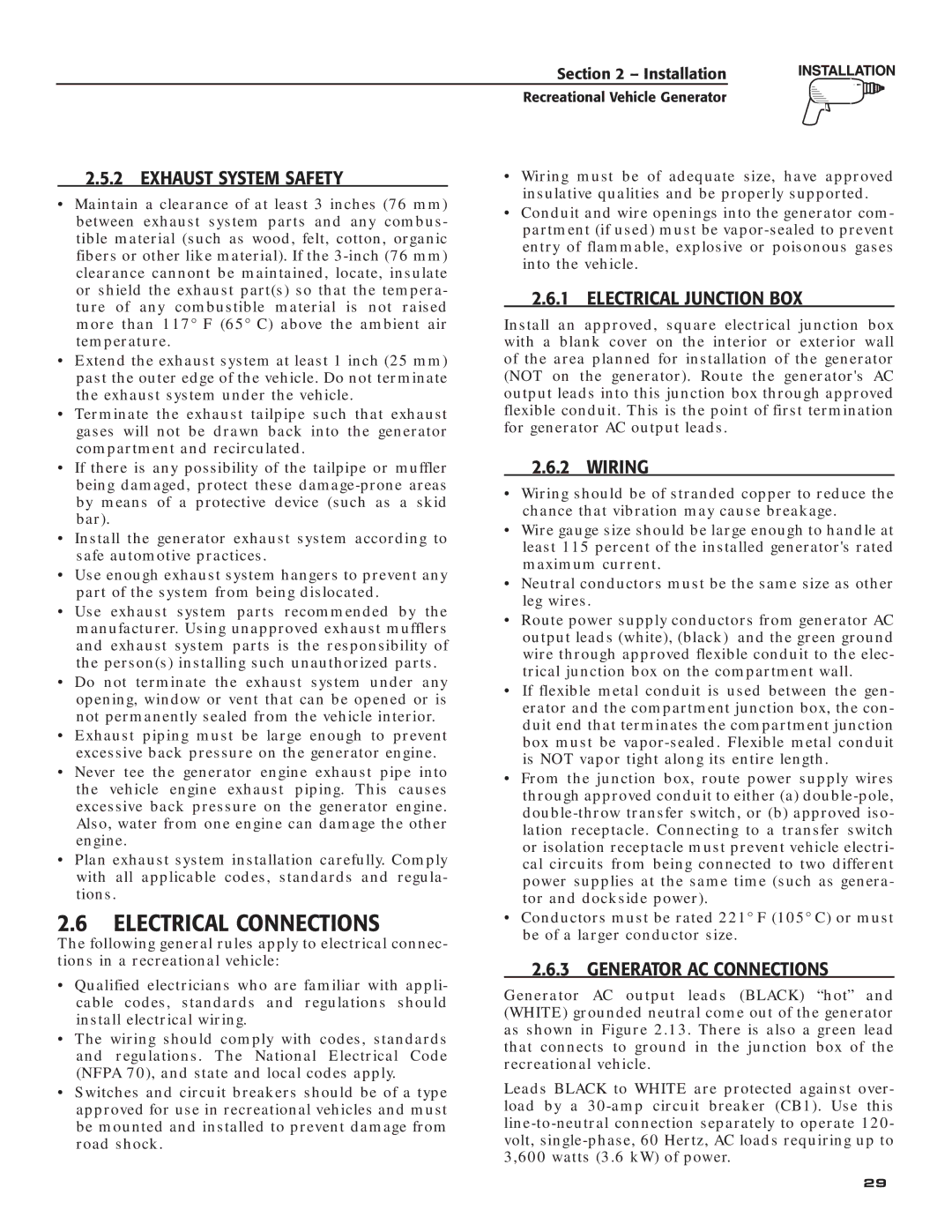 Generac Power Systems 004709-0 owner manual Electrical Connections, ‹ 2.5.2 Exhaust System Safety 