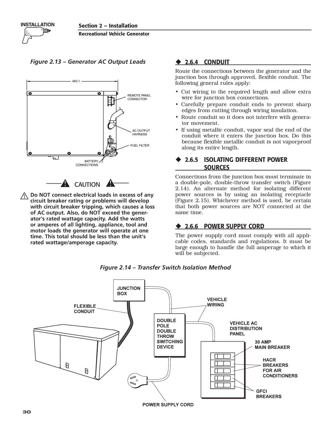 Generac Power Systems 004709-0 ‹ 2.6.4 Conduit, ‹ 2.6.5 Isolating Different Power Sources, ‹ 2.6.6 Power Supply Cord 