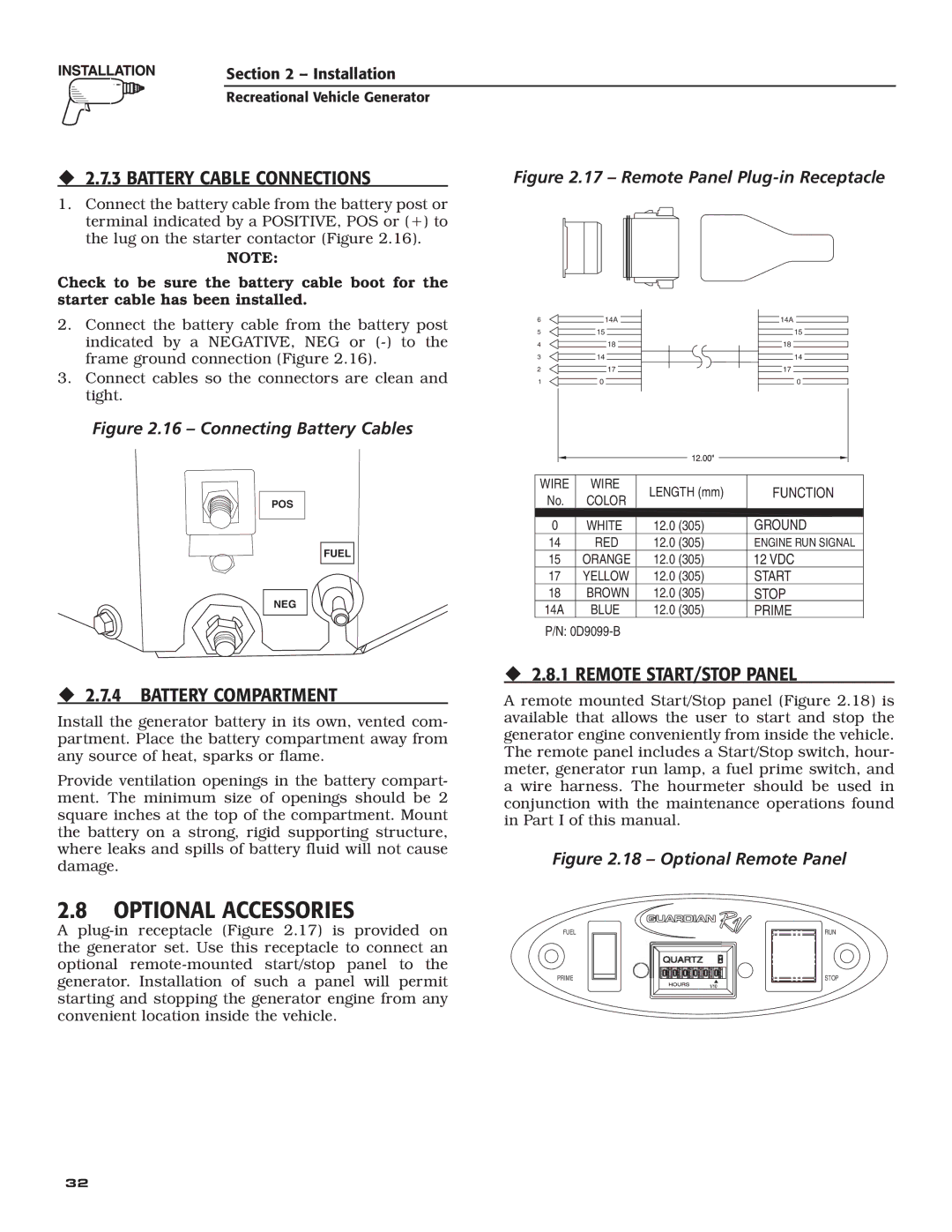 Generac Power Systems 004709-0 Optional Accessories, ‹ 2.7.3 Battery Cable Connections, ‹ 2.7.4 Battery Compartment 