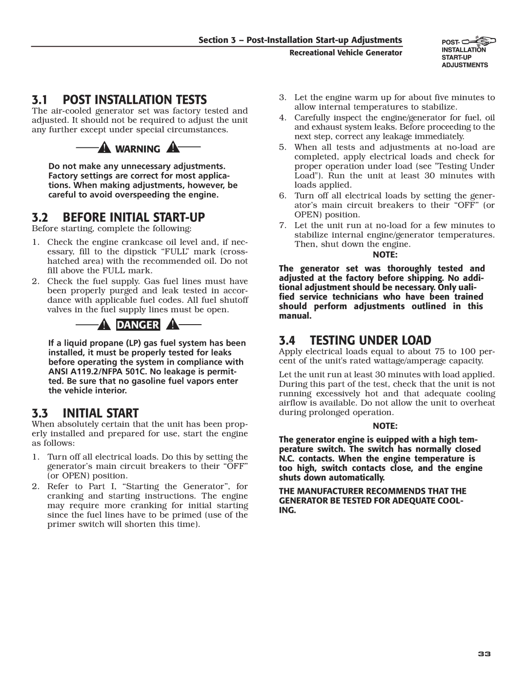 Generac Power Systems 004709-0 Post Installation Tests, Before Initial START-UP, Initial Start, Testing Under Load 