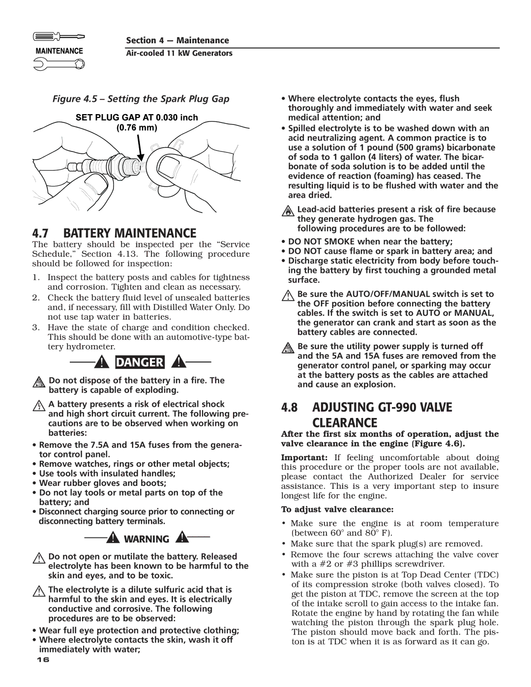 Generac Power Systems 004916-0 owner manual Battery Maintenance, Adjusting GT-990 Valve Clearance 