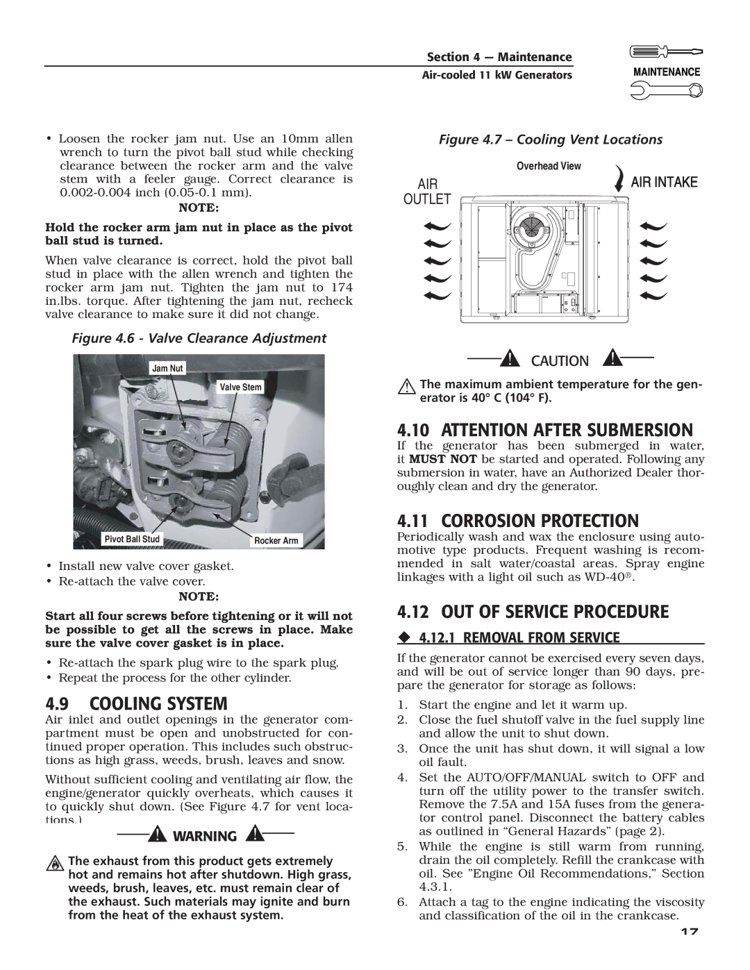 Generac Power Systems 004916-0 owner manual Corrosion Protection, OUT of Service Procedure, Cooling System 