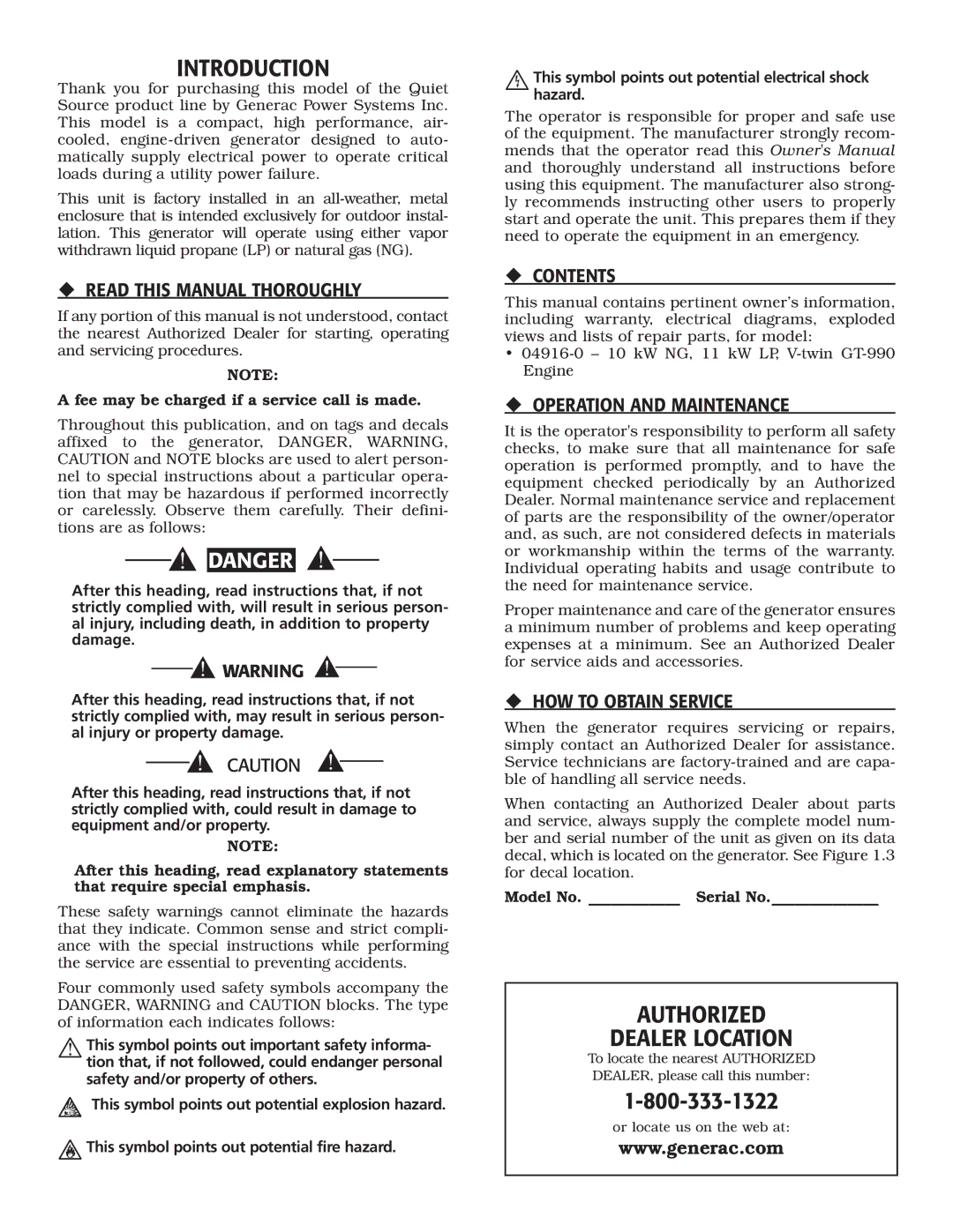 Generac Power Systems 004916-0 owner manual Introduction, Authorized Dealer Location 