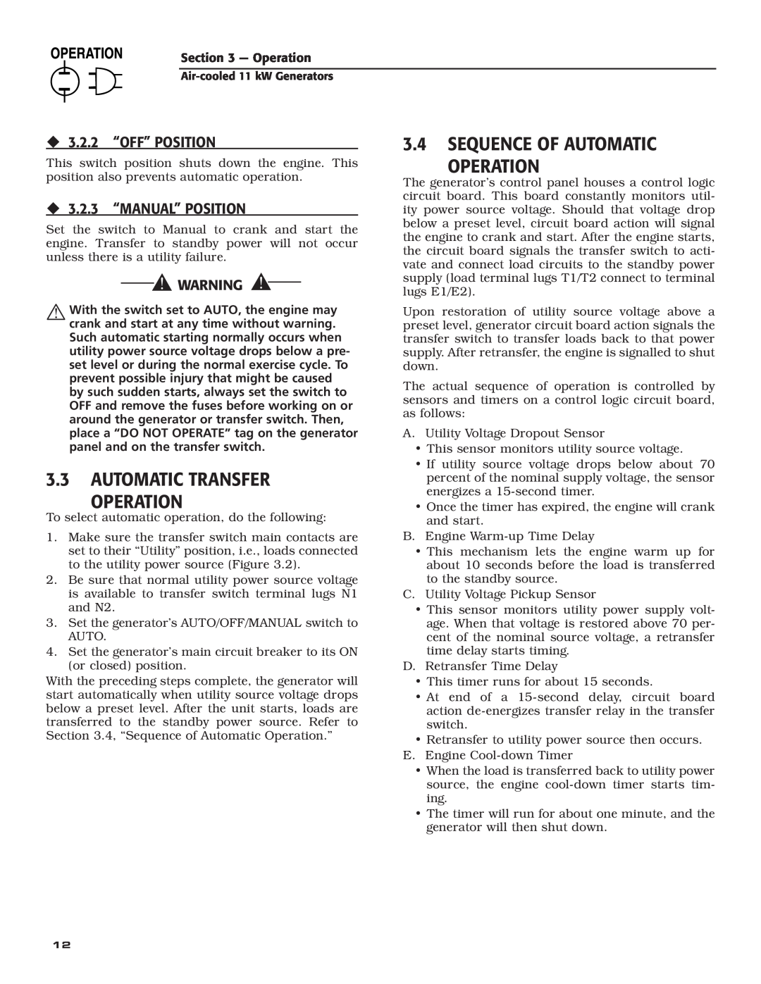 Generac Power Systems 004916-0 Automatic Transfer Operation, Sequence Of Automatic Operation, ‹ 3.2.2 “OFF” POSITION 