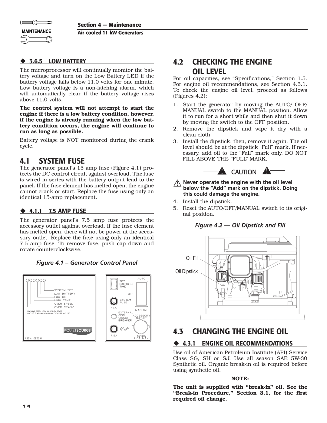 Generac Power Systems 004916-0 System Fuse, Checking The Engine Oil Level, Changing The Engine Oil, ‹ 3.6.5 LOW BATTERY 