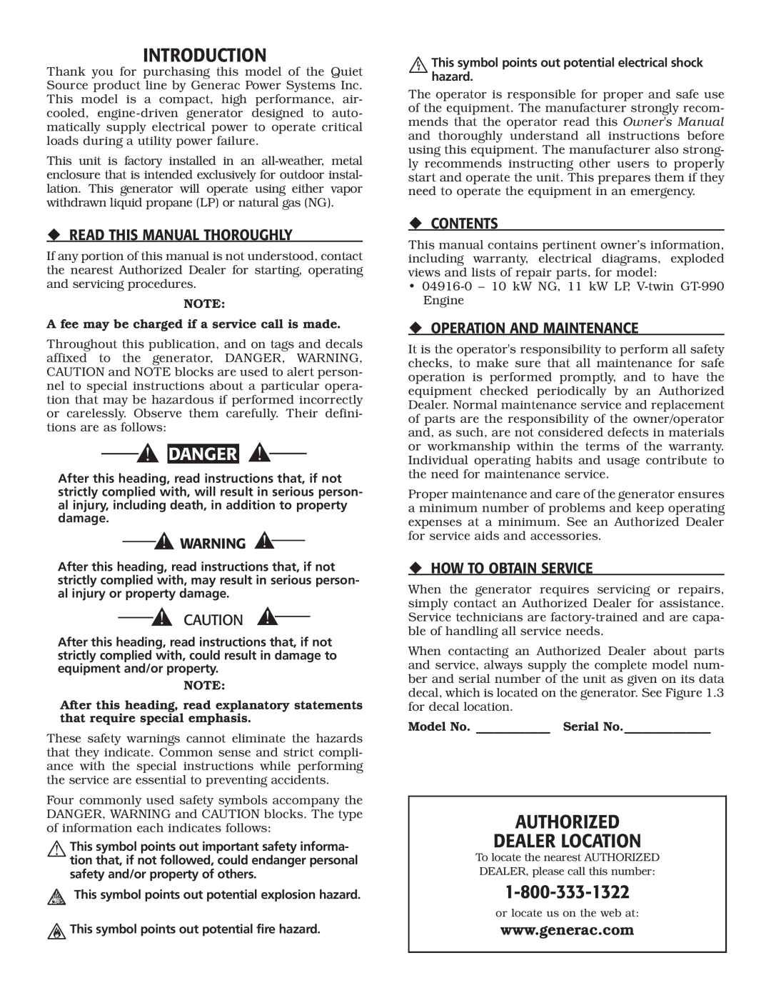 Generac Power Systems 004916-0 Introduction, Authorized Dealer Location, Danger, ‹ Read This Manual Thoroughly, ‹ Contents 
