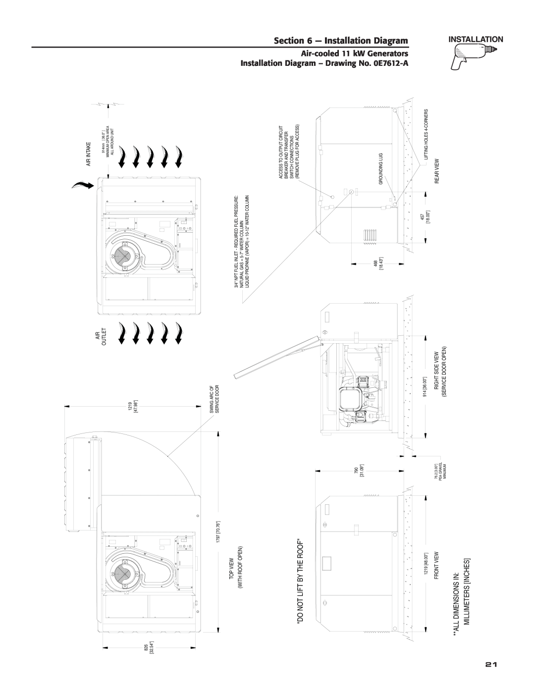 Generac Power Systems 004916-0 Installation Diagram, Do Not Lift By The Roof, All Dimensions In Millimeters Inches, 1219 