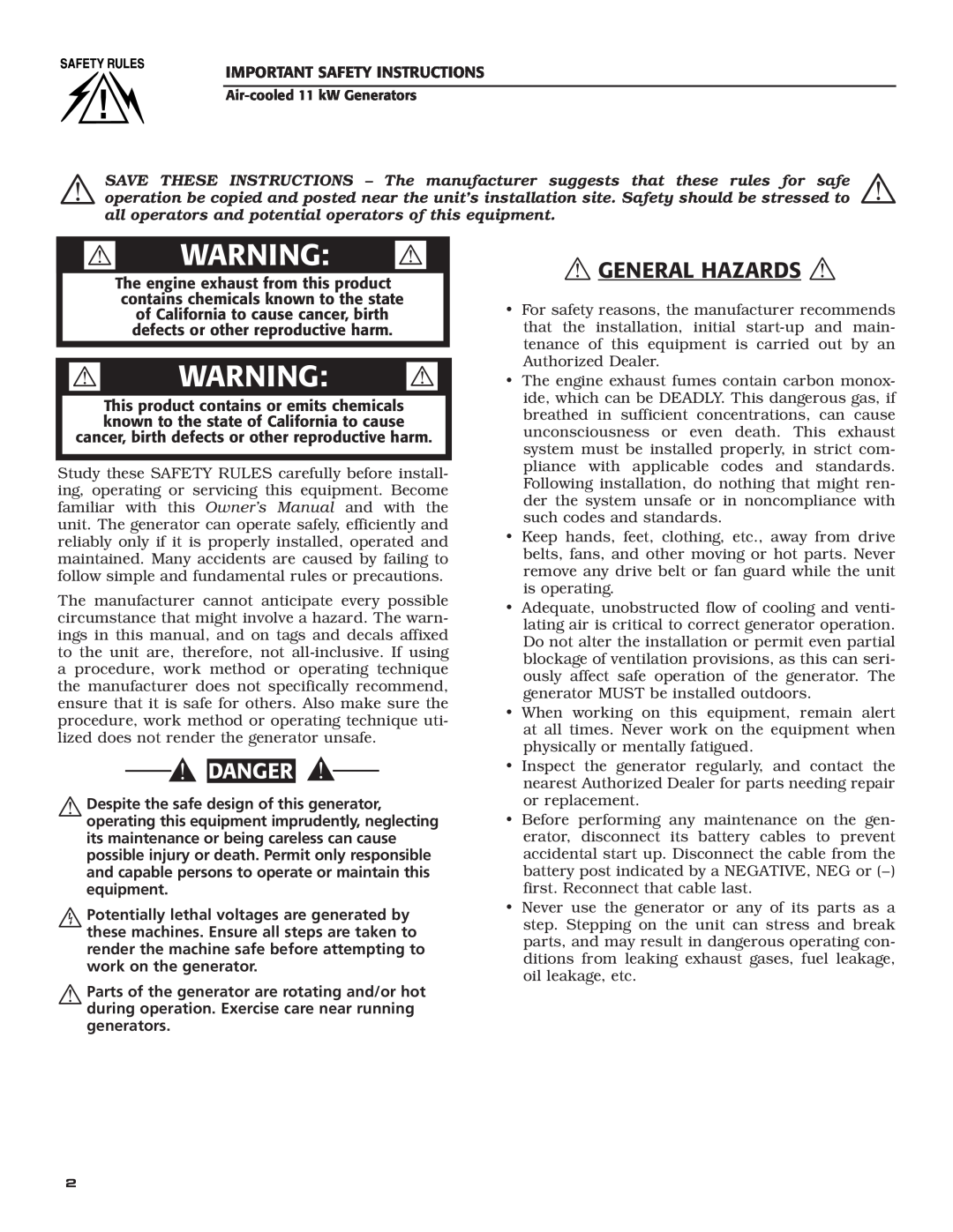 Generac Power Systems 004916-0 owner manual  General Hazards ,  Warning , Danger, Important Safety Instructions 