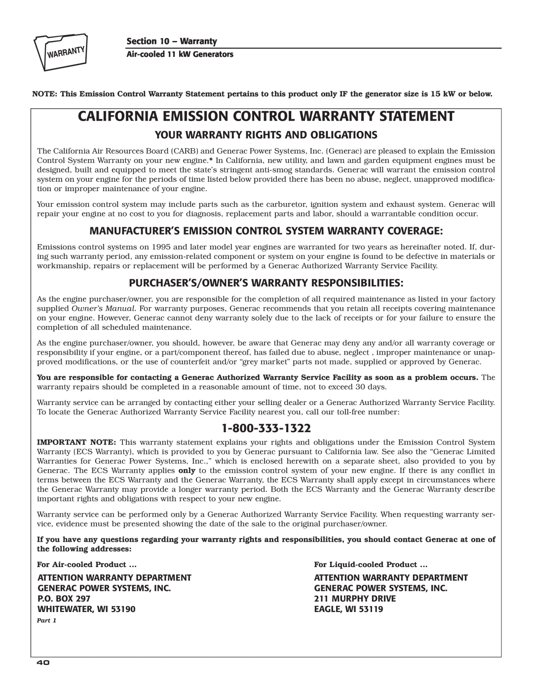 Generac Power Systems 004916-0 California Emission Control Warranty Statement, Your Warranty Rights And Obligations 