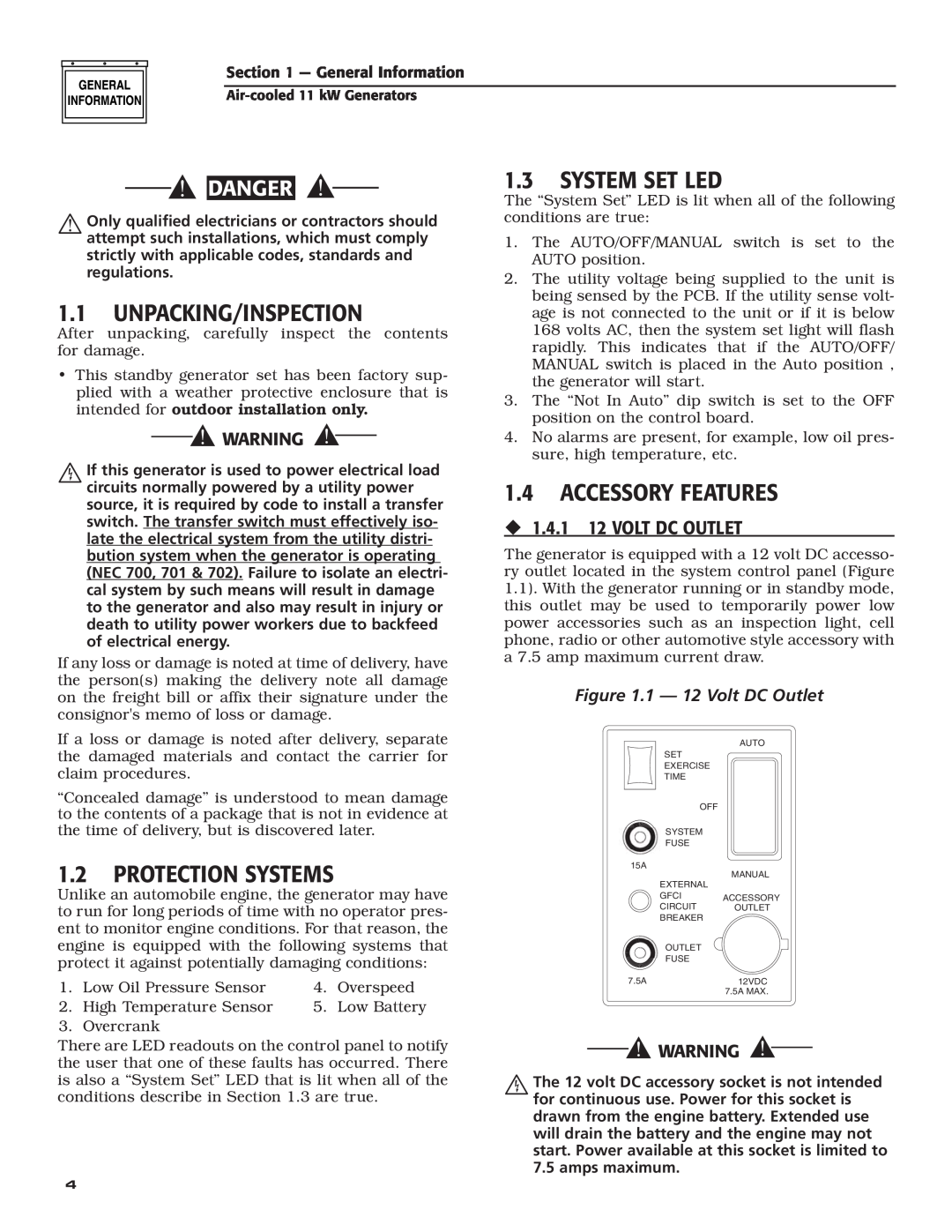 Generac Power Systems 004916-0 Unpacking/Inspection, Protection Systems, System Set Led, Accessory Features, Danger 