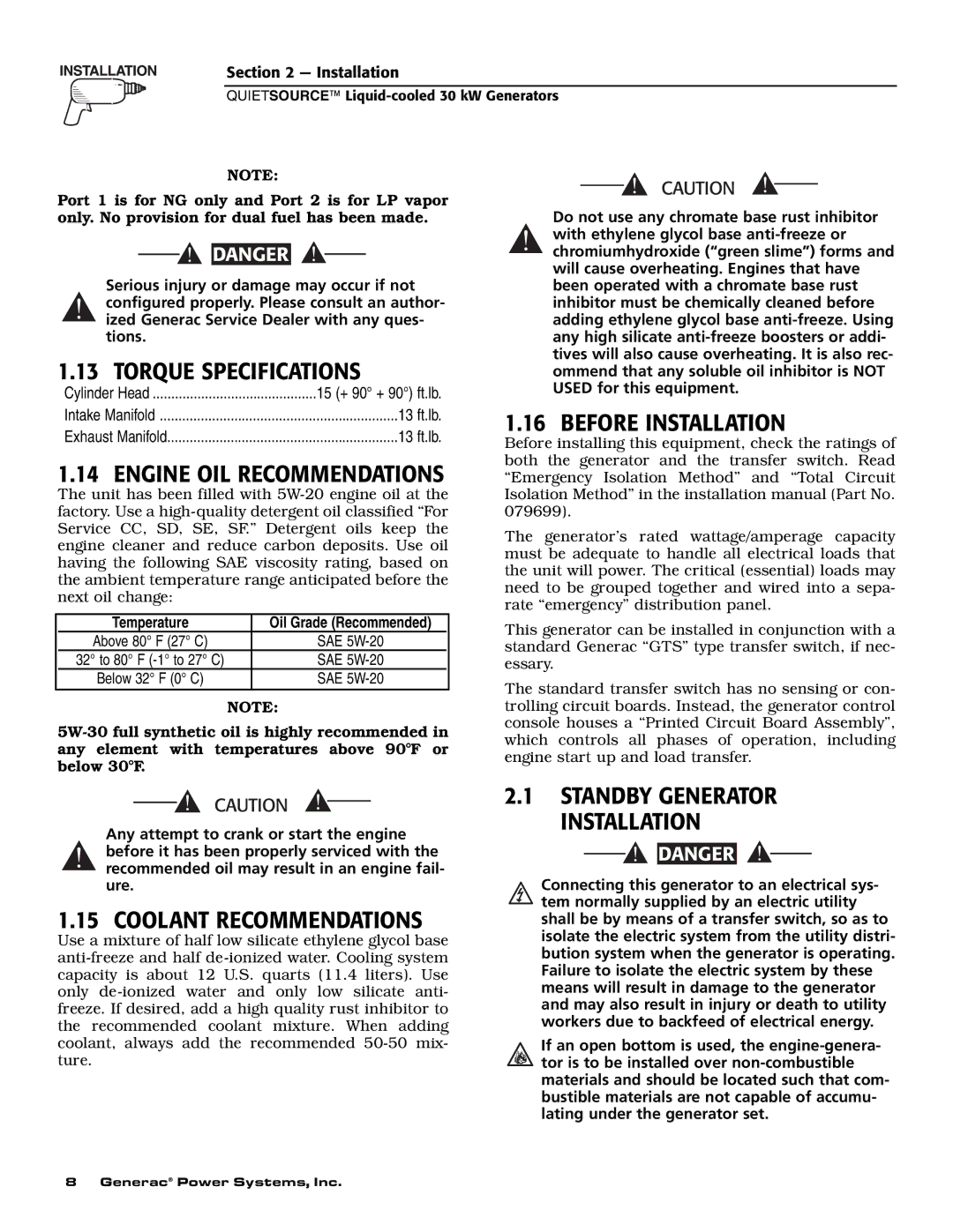 Generac Power Systems 004917-2 owner manual Torque Specifications, Engine OIL Recommendations, Before Installation 