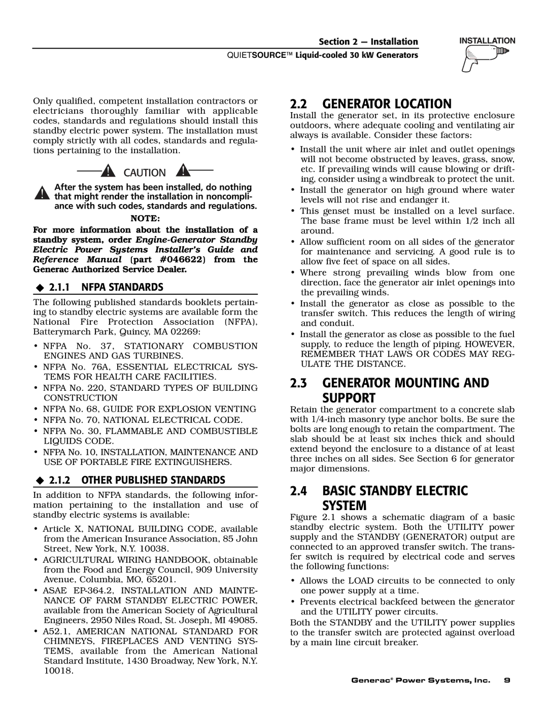 Generac Power Systems 004917-2 owner manual Generator Location, Generator Mounting Support, Basic Standby Electric System 