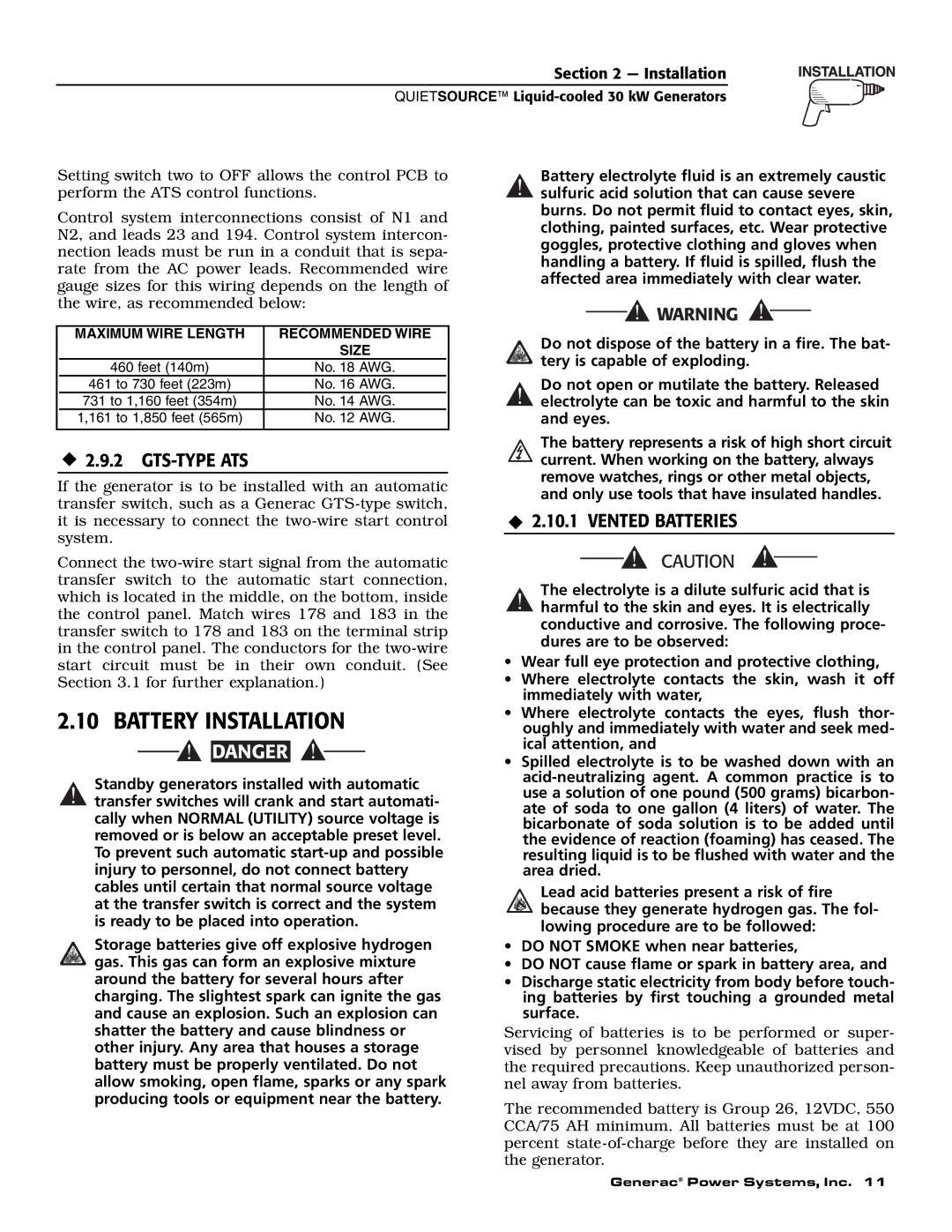 Generac Power Systems 004917-2 owner manual Battery Installation, ‹ 2.9.2 GTS-TYPE ATS, ‹ 2.10.1 Vented Batteries 