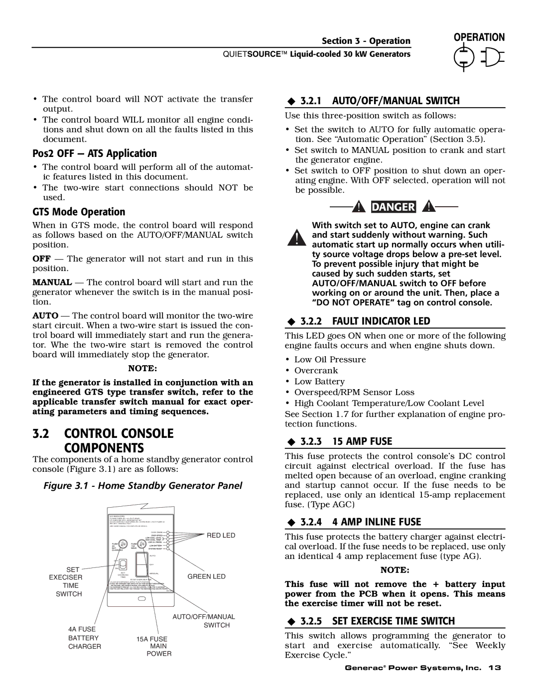 Generac Power Systems 004917-2 Control Console Components, ‹ 3.2.1 AUTO/OFF/MANUAL Switch, ‹ 3.2.2 Fault Indicator LED 