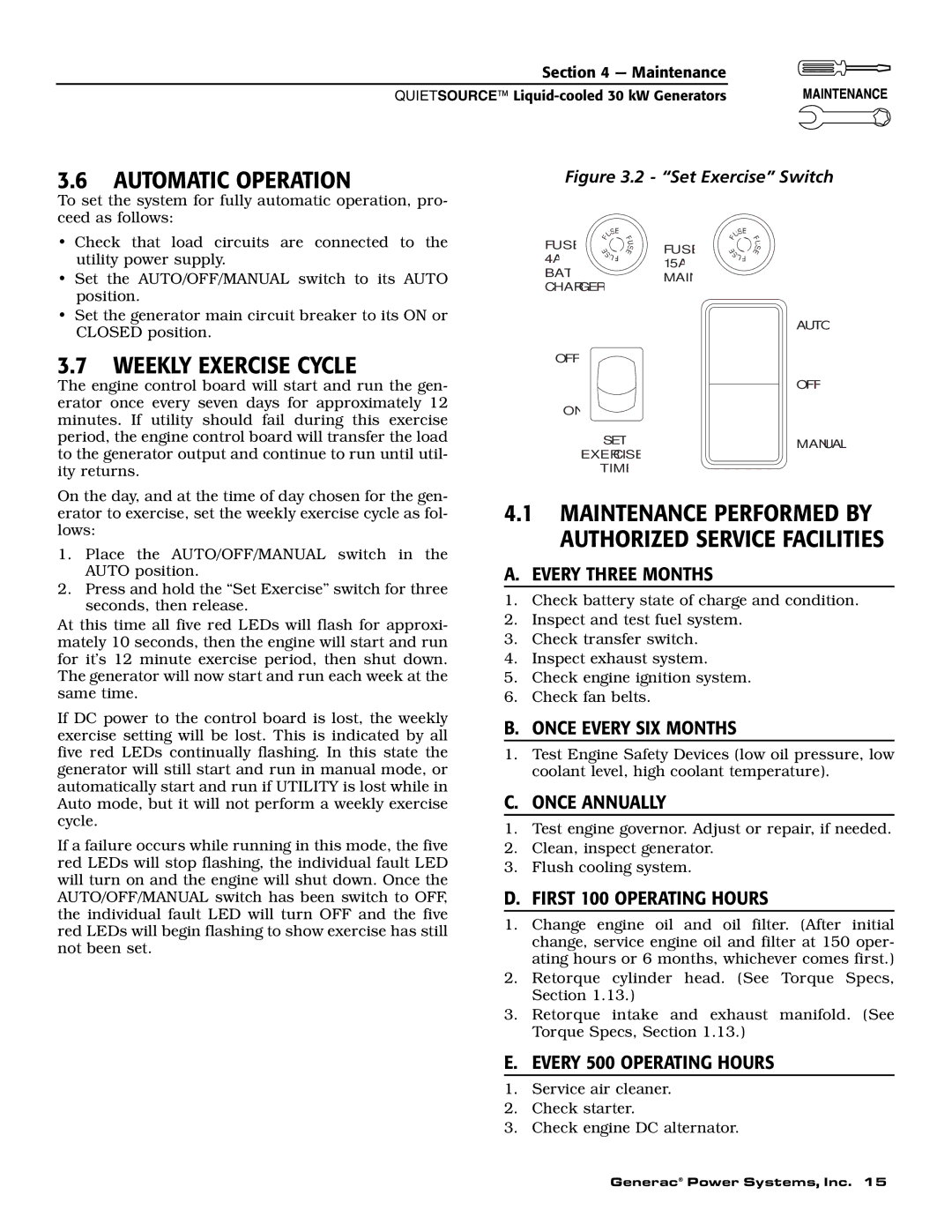 Generac Power Systems 004917-2 owner manual Weekly Exercise Cycle 