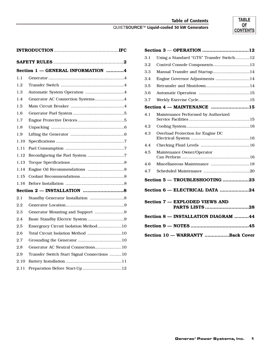 Generac Power Systems 004917-2 owner manual Table of Contents 