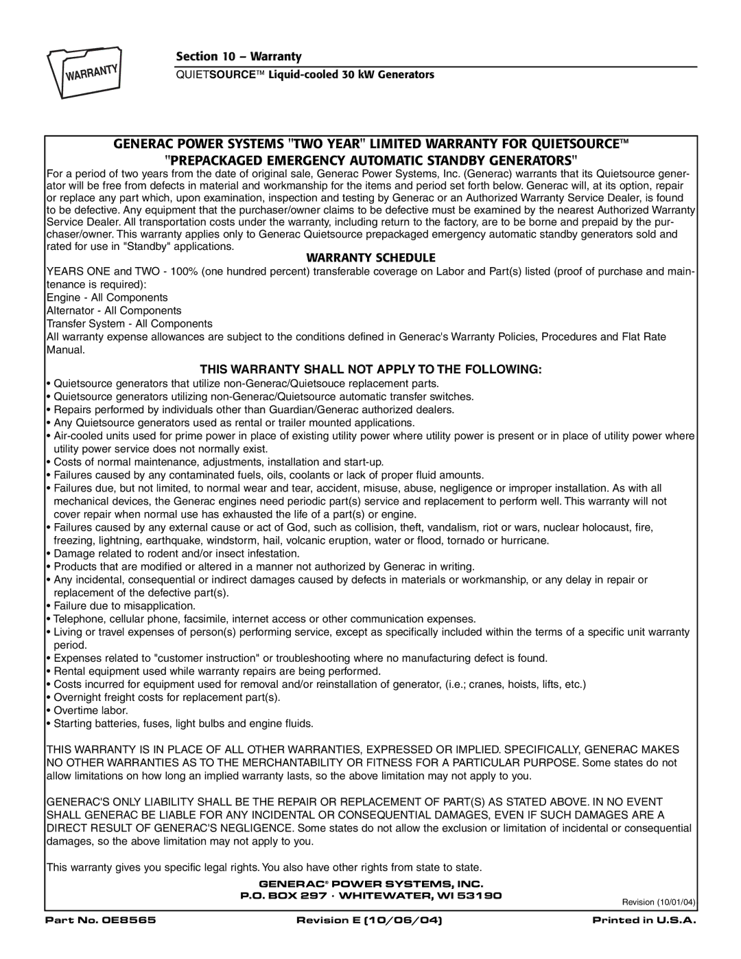 Generac Power Systems 004917-2 owner manual This Warranty Shall not Apply to the Following 