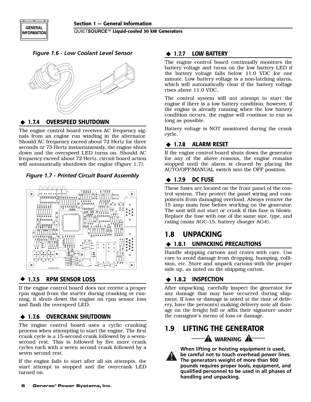 Generac Power Systems 004917-2 owner manual Unpacking, Lifting the Generator 