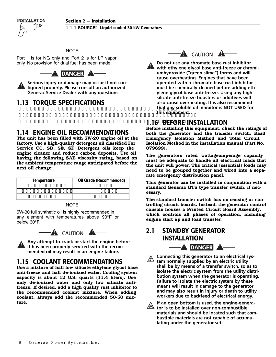 Generac Power Systems 004917-3 owner manual Torque Specifications, Engine OIL Recommendations, Before Installation 