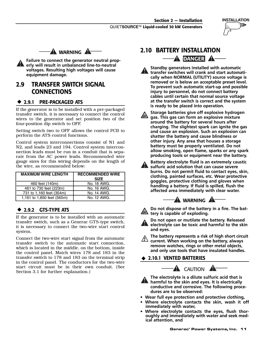 Generac Power Systems 004917-3 Transfer Switch Signal Connections, Battery Installation, ‹ 2.9.1 PRE-PACKAGED ATS 