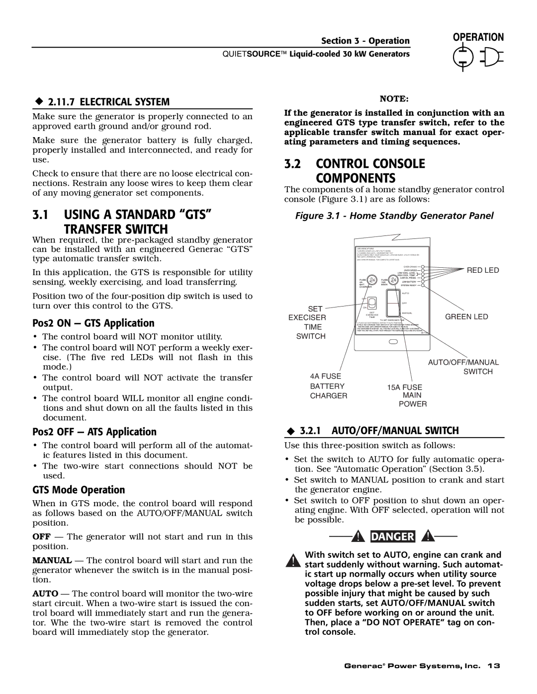 Generac Power Systems 004917-3 owner manual Control Console Components, Using a Standard GTS Transfer Switch 