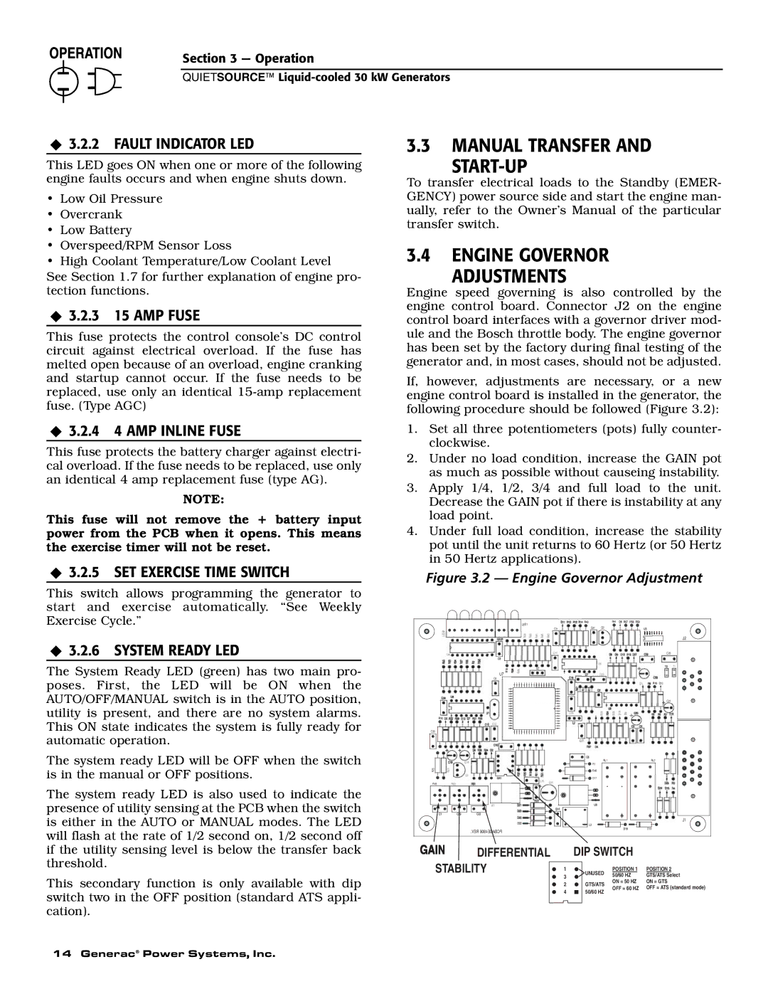 Generac Power Systems 004917-3 Manual Transfer START-UP Engine Governor Adjustments, ‹ 3.2.2 Fault Indicator LED 