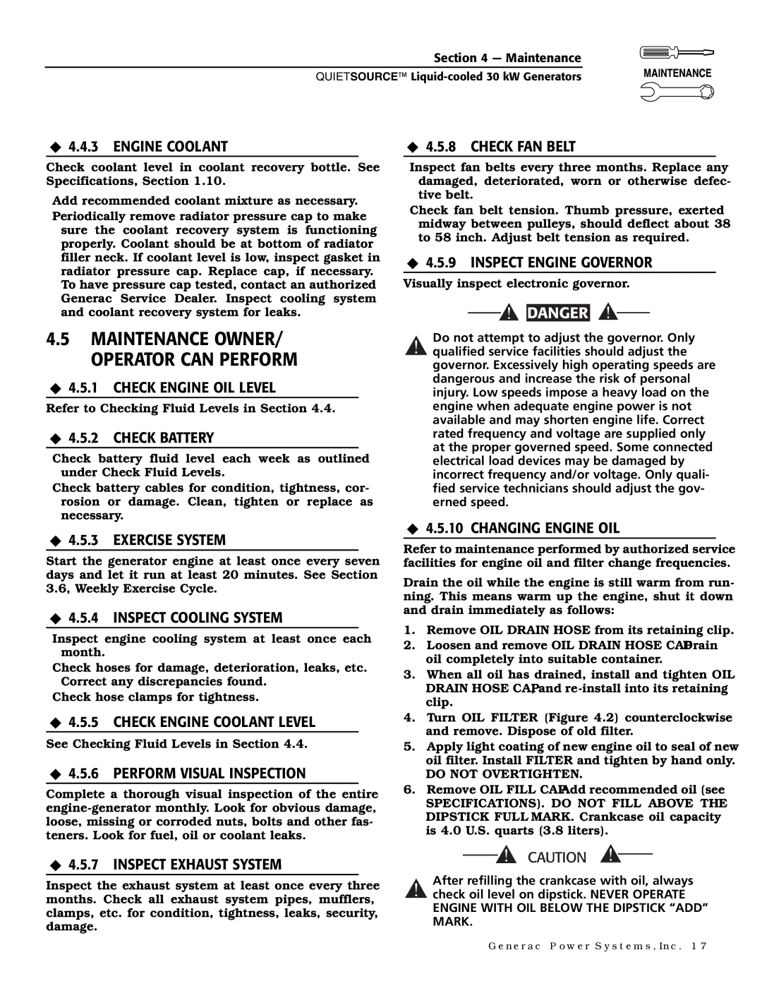 Generac Power Systems 004917-3 owner manual ‹ 4.4.3 Engine Coolant, ‹ 4.5.1 Check Engine OIL Level, ‹ 4.5.2 Check Battery 