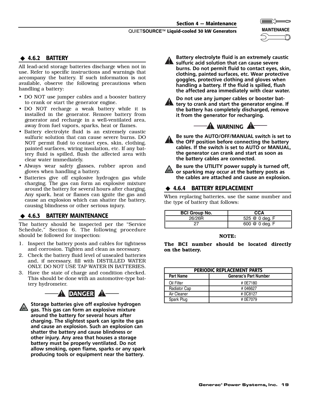 Generac Power Systems 004917-3 owner manual ‹ 4.6.2 Battery, ‹ 4.6.3 Battery Maintenance, ‹ 4.6.4 Battery Replacement 