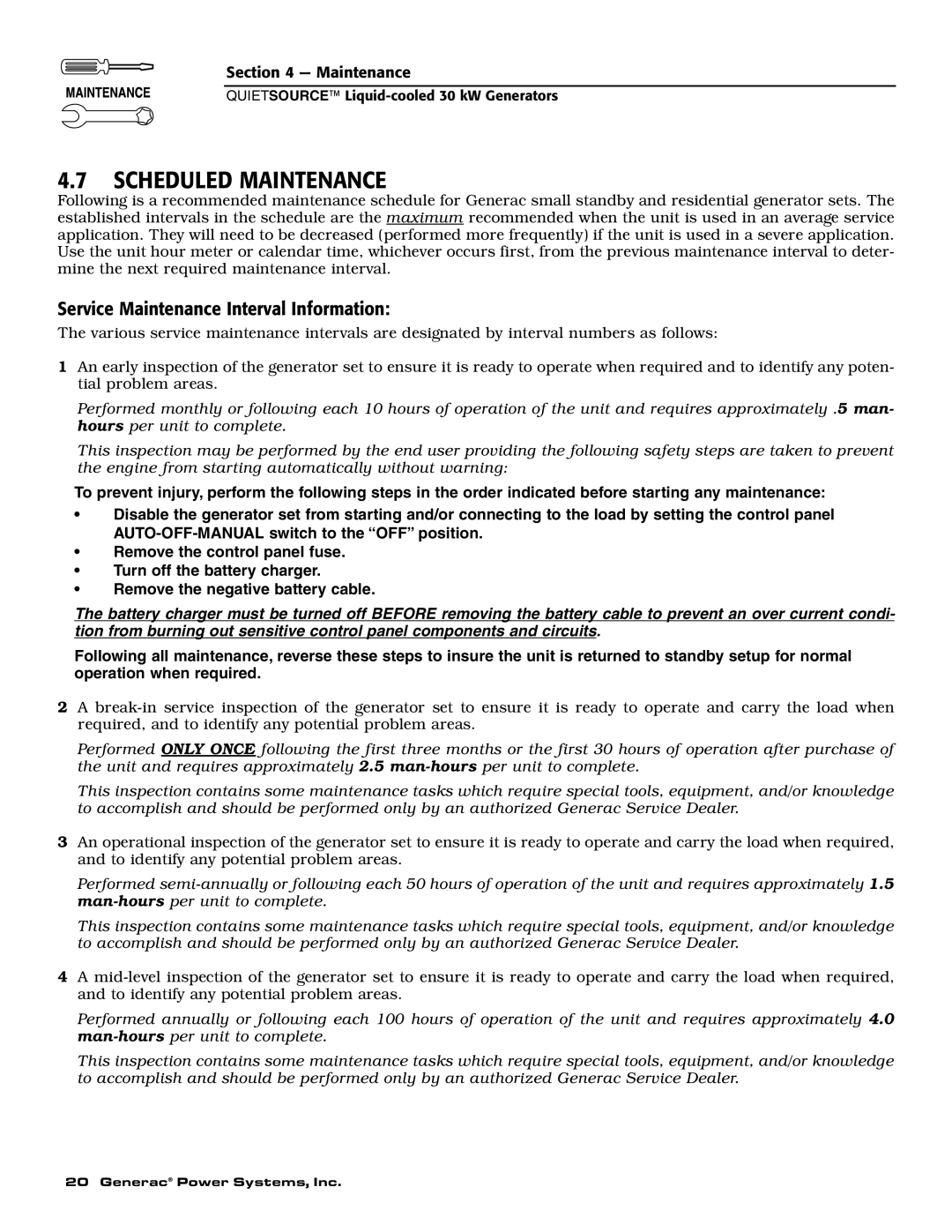 Generac Power Systems 004917-3 owner manual Scheduled Maintenance, Service Maintenance Interval Information 