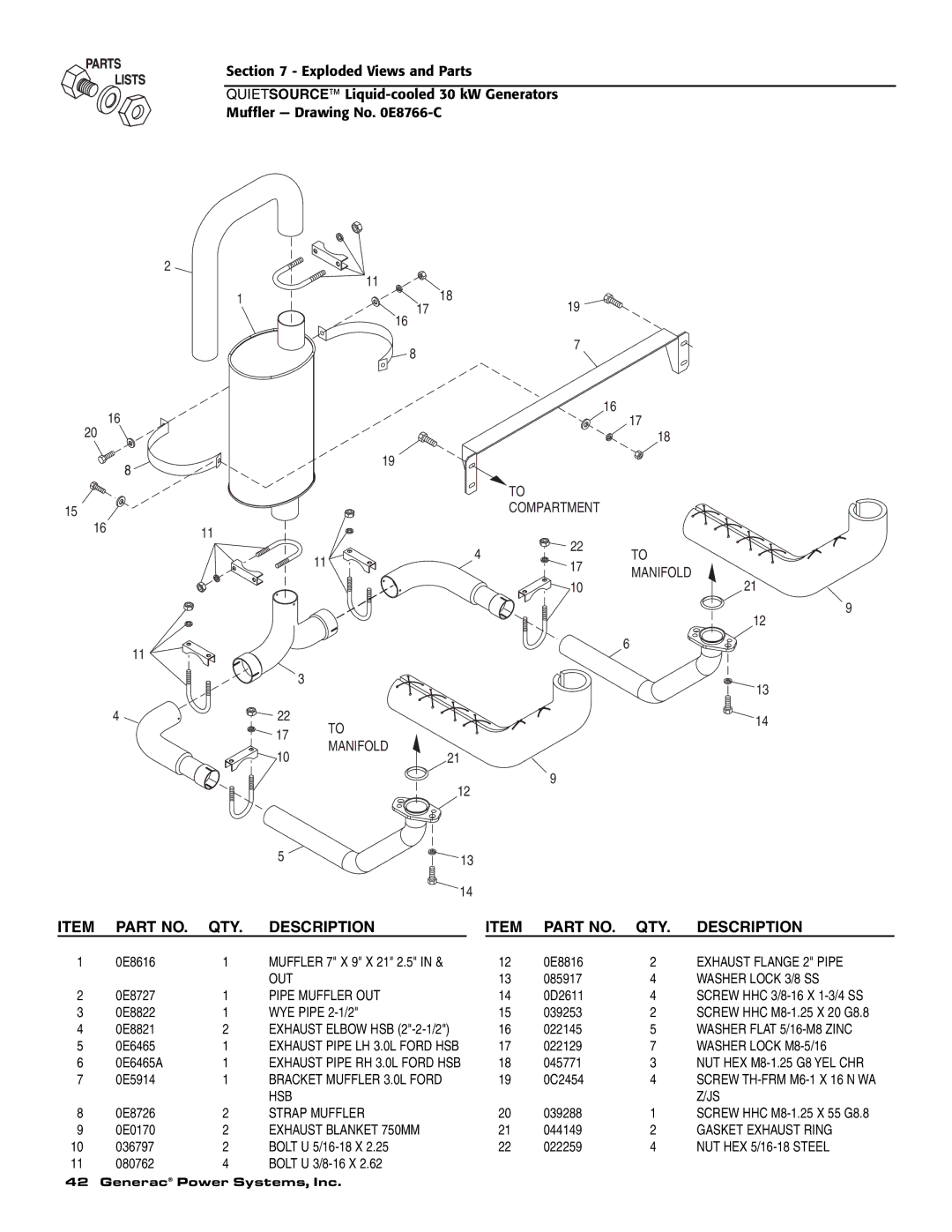 Generac Power Systems 004917-3 owner manual Exhaust Flange 2 Pipe, Out, Washer Lock 3/8 SS, Pipe Muffler OUT, Strap Muffler 