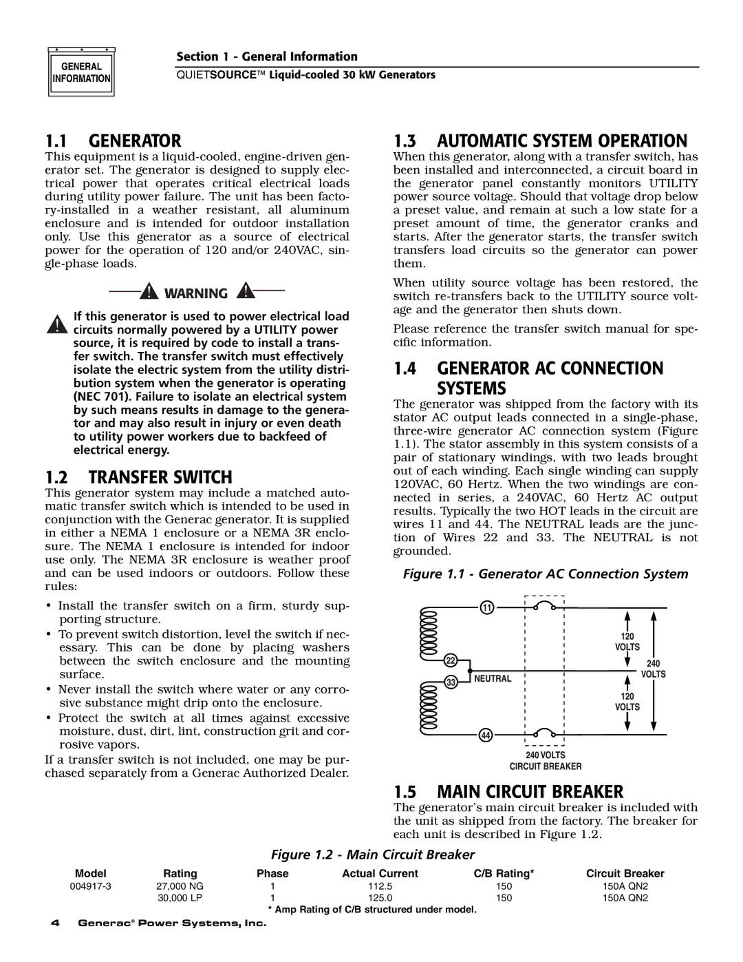 Generac Power Systems 004917-3 Transfer Switch, Automatic System Operation, Generator AC Connection Systems 