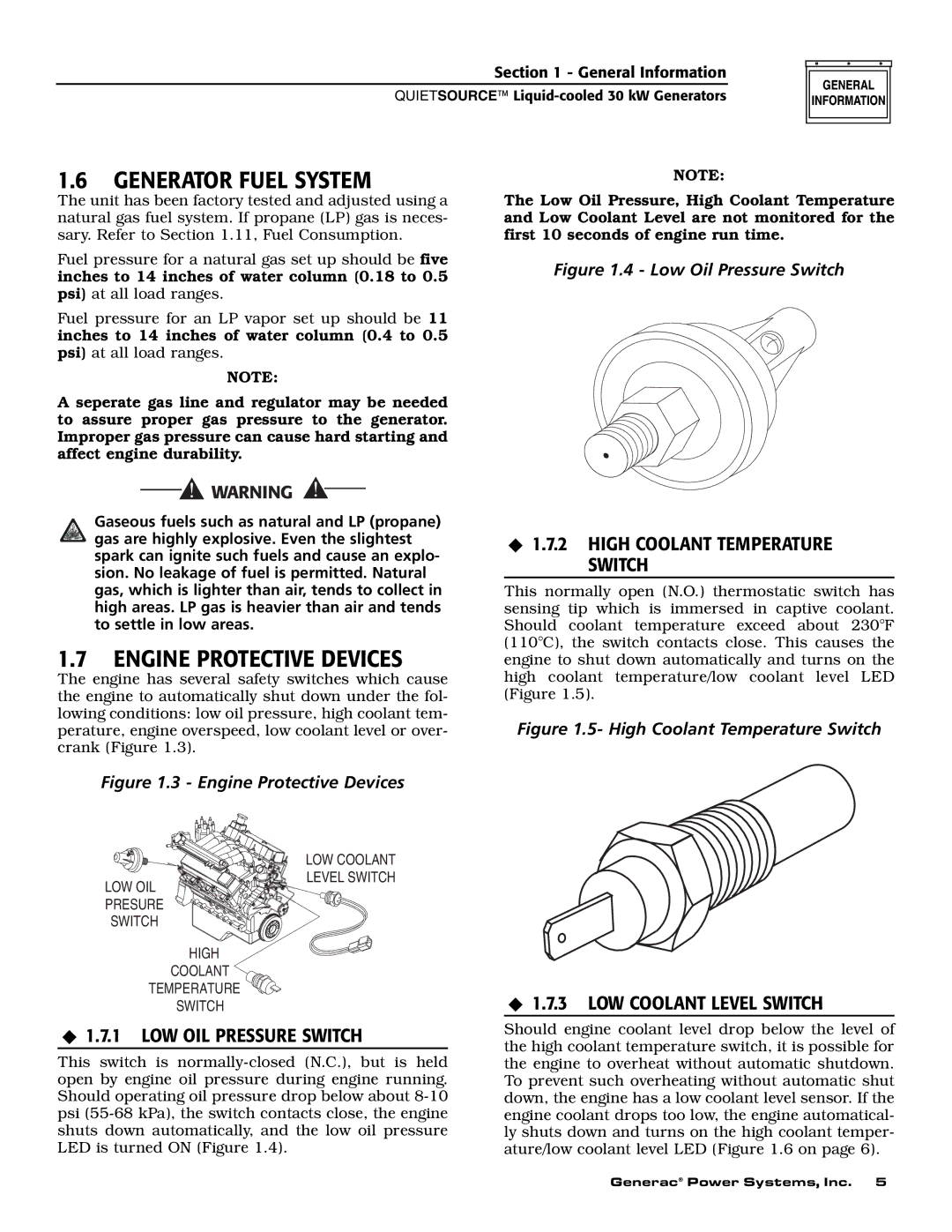 Generac Power Systems 004917-3 Generator Fuel System, Engine Protective Devices, ‹ 1.7.2 High Coolant Temperature Switch 