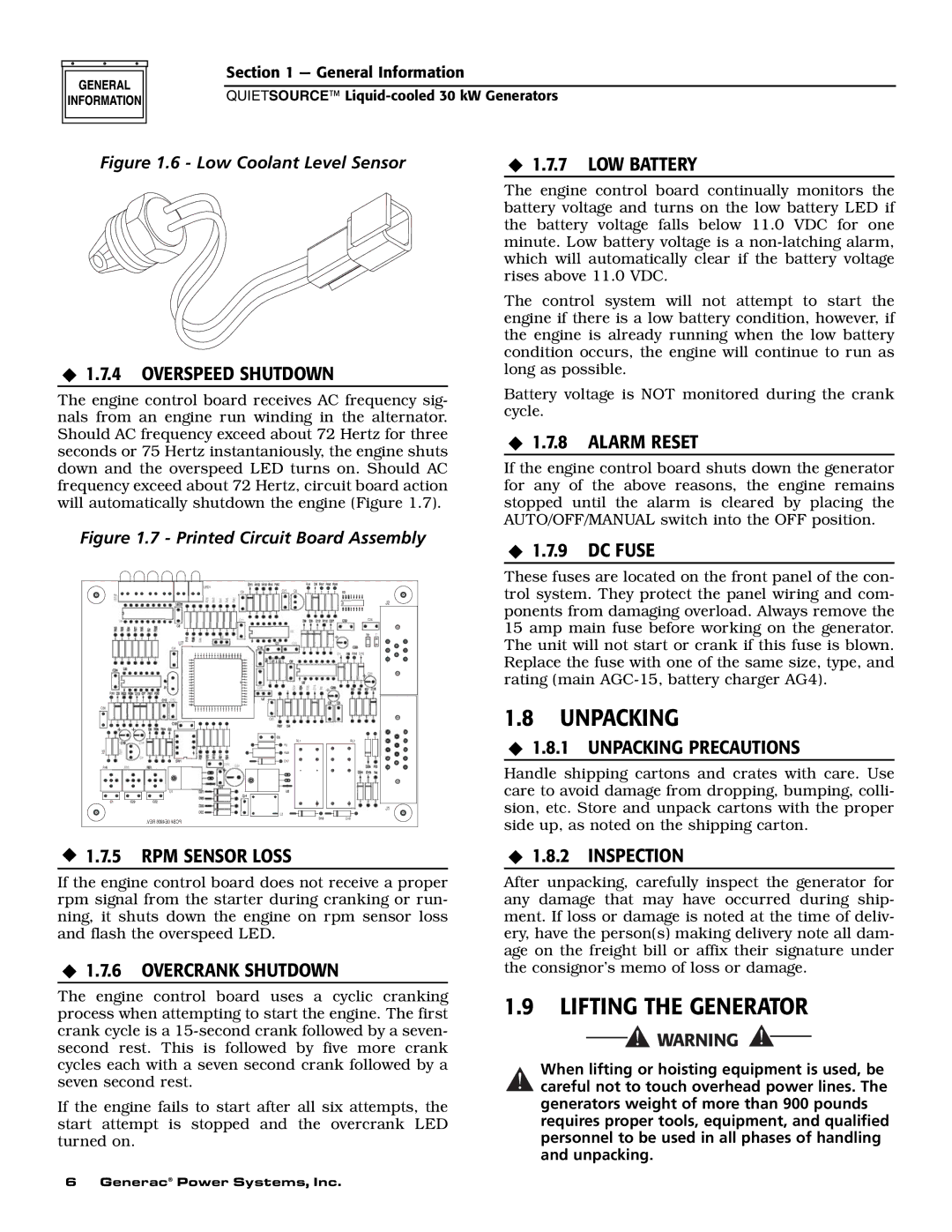 Generac Power Systems 004917-3 owner manual Unpacking, Lifting the Generator 