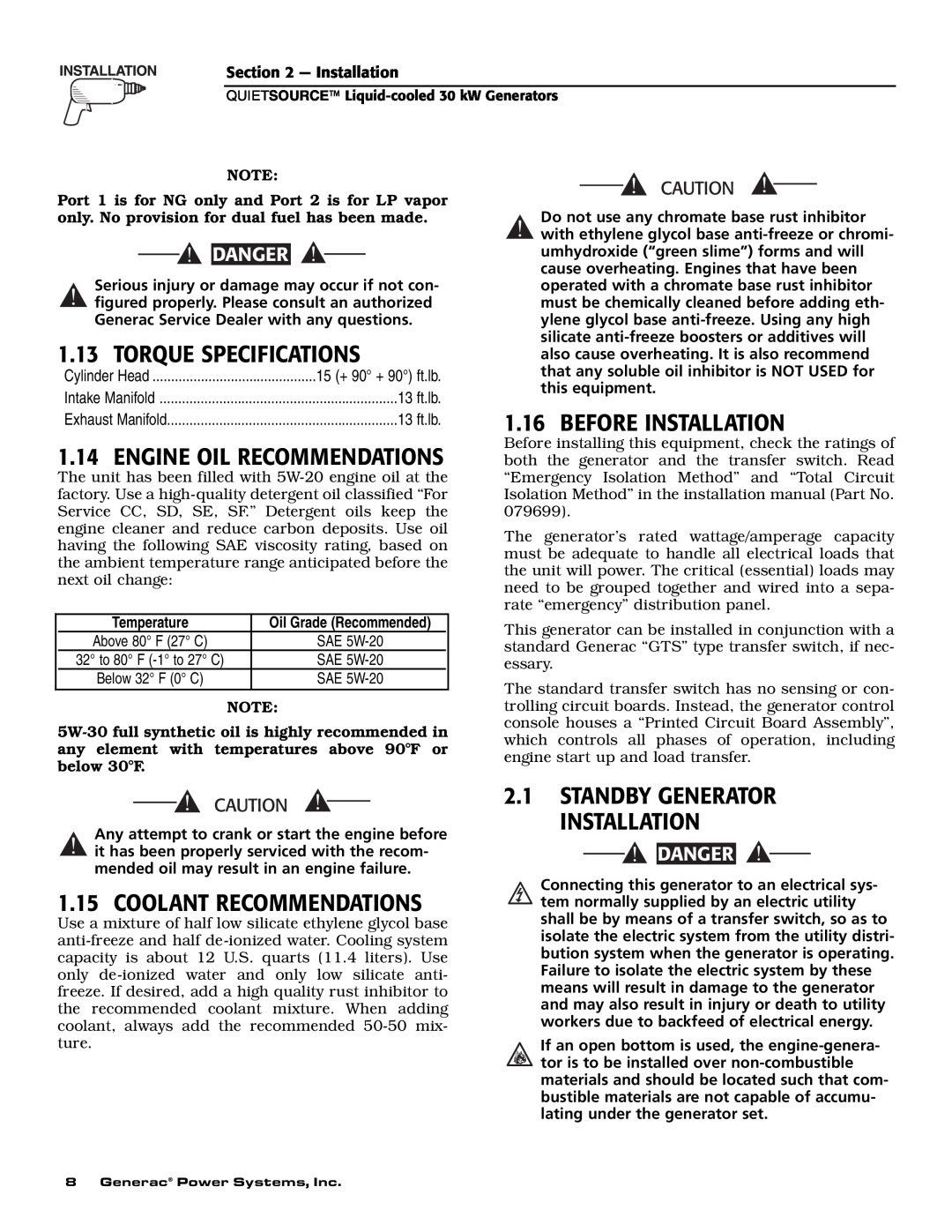 Generac Power Systems 004917-3 Torque Specifications, Engine Oil Recommendations, Before Installation, Danger, Temperature 