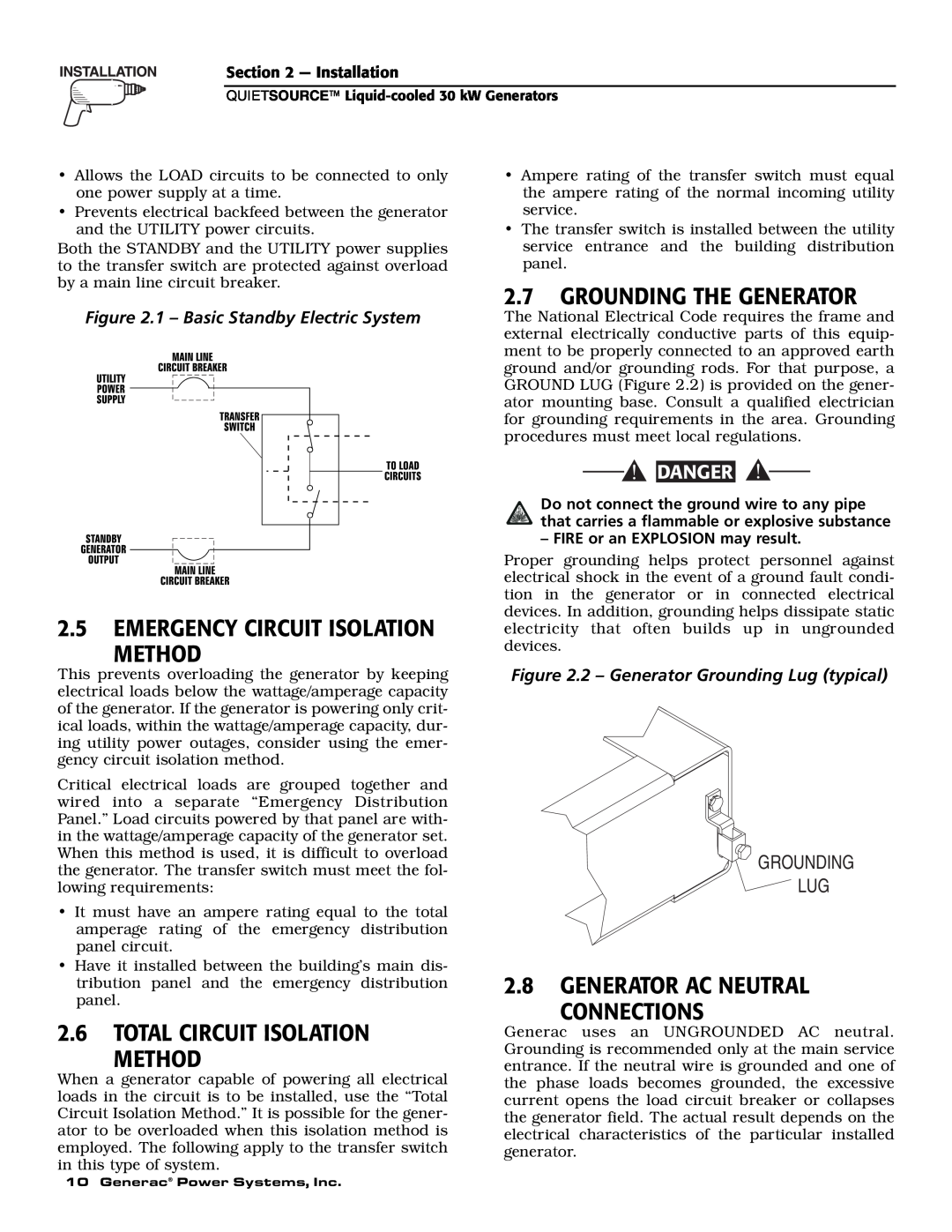 Generac Power Systems 004917-3 2.5EMERGENCY CIRCUIT ISOLATION METHOD, 2.6TOTAL CIRCUIT ISOLATION METHOD, Grounding Lug 