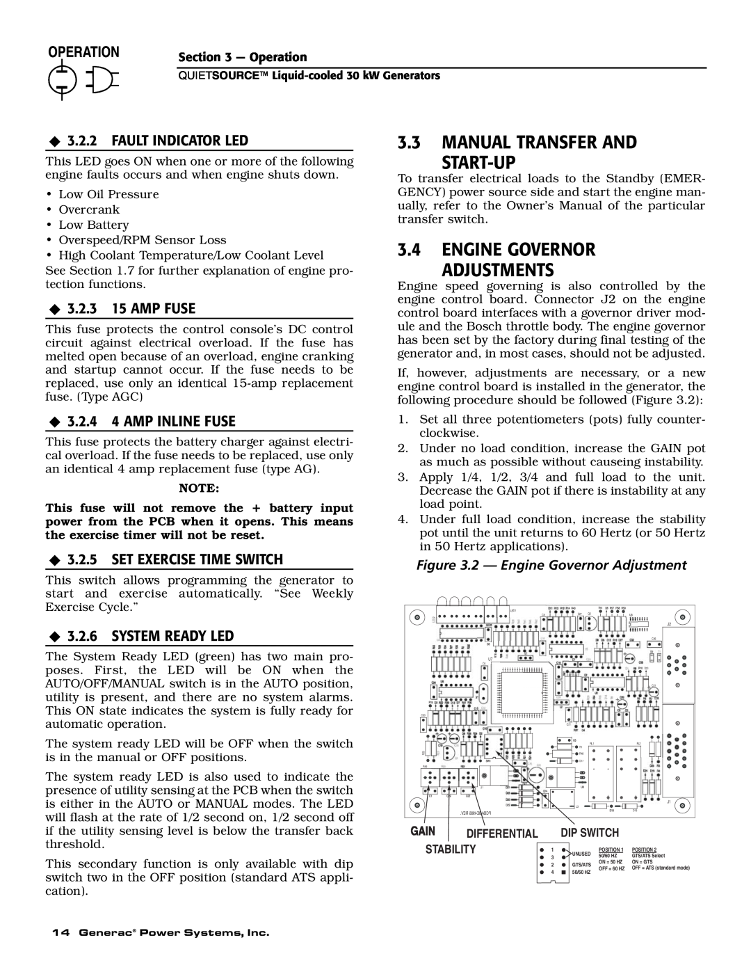 Generac Power Systems 004917-3 3.3MANUAL TRANSFER AND START-UP, 3.4ENGINE GOVERNOR ADJUSTMENTS, ‹3.2.2 FAULT INDICATOR LED 