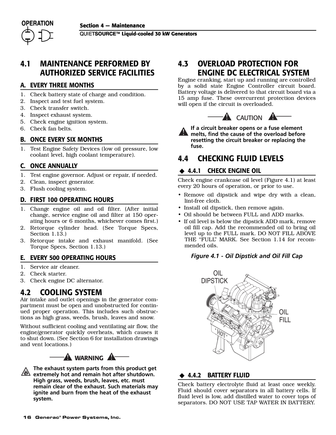 Generac Power Systems 004917-3 4.3OVERLOAD PROTECTION FOR, Engine Dc Electrical System, 4.4CHECKING FLUID LEVELS, Oil Fill 
