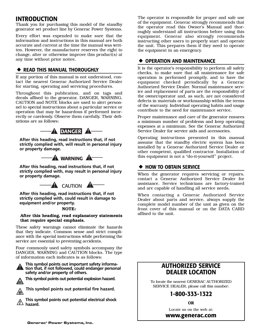 Generac Power Systems 004917-3 Introduction, Authorized Service Dealer Location, ‹Read This Manual Thoroughly, Danger 