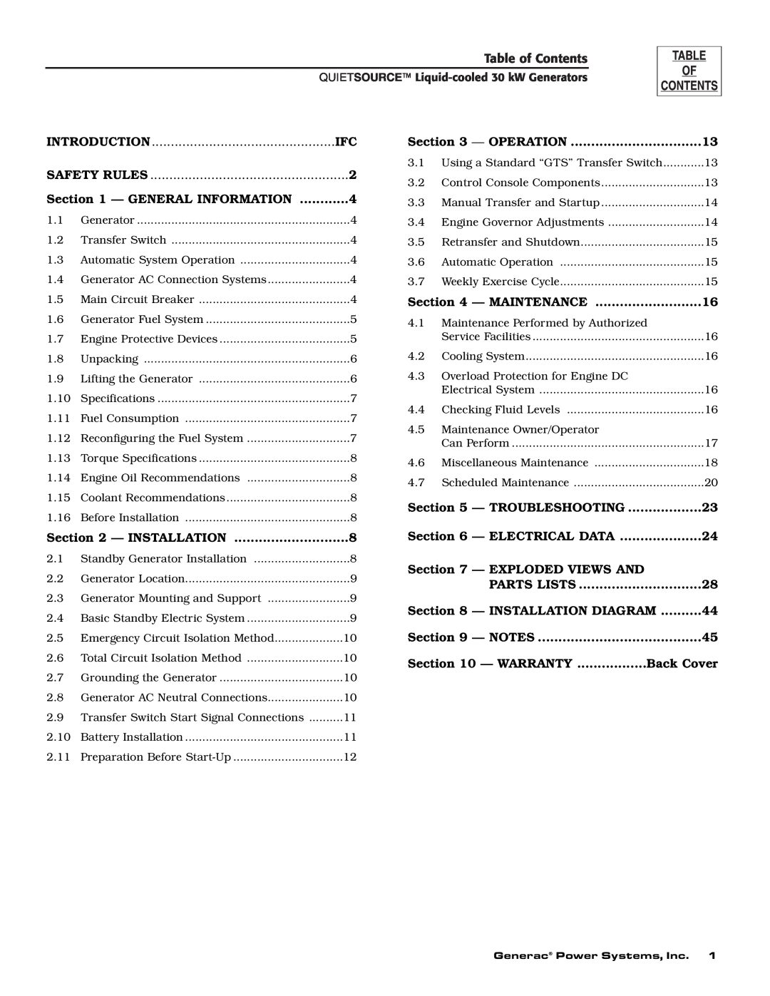 Generac Power Systems 004917-3 owner manual Table of Contents, Introduction 