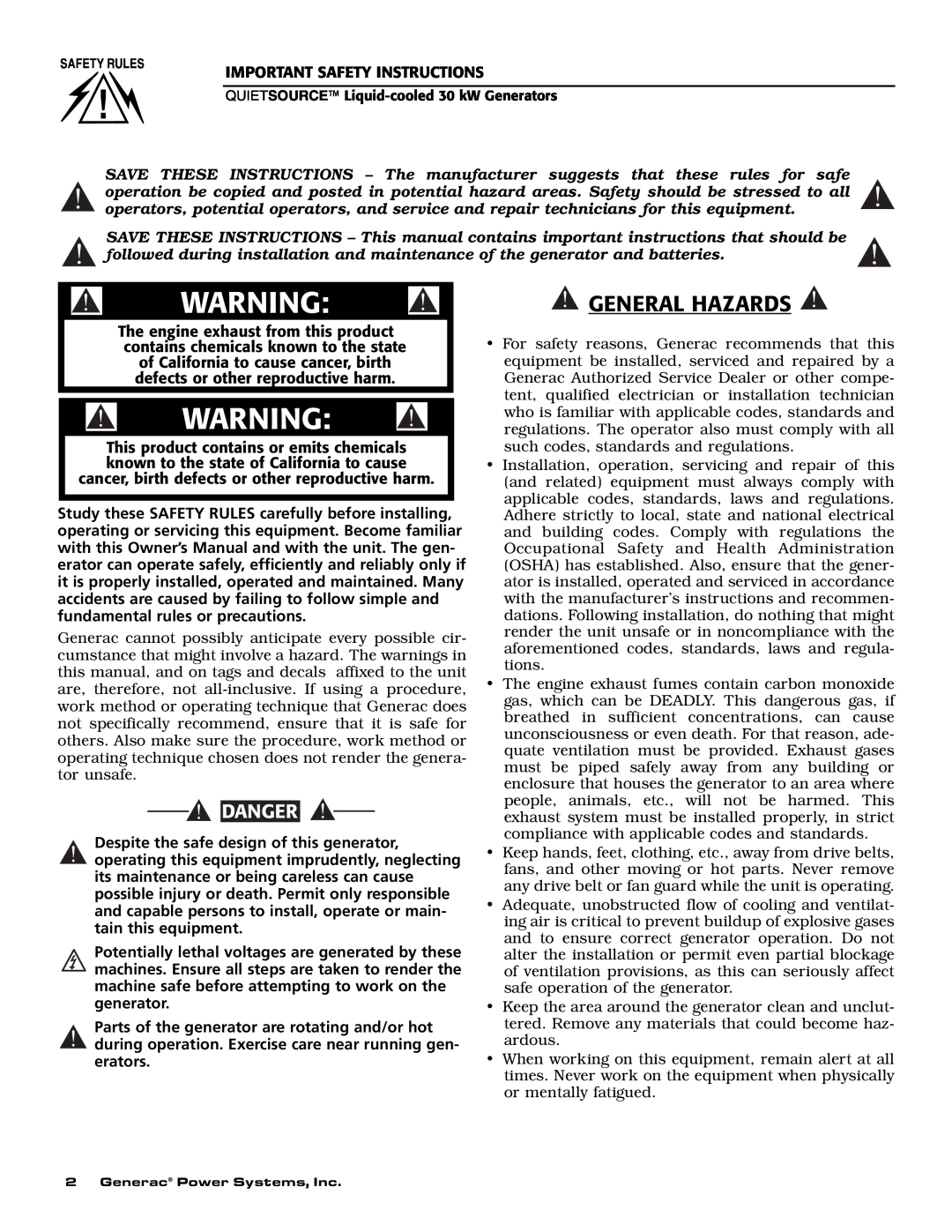 Generac Power Systems 004917-3 owner manual General Hazards, Danger 