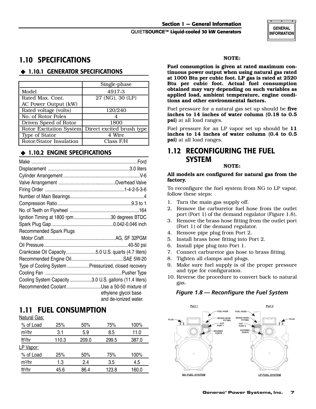 Generac Power Systems 004917-3 owner manual Specifications, Fuel Consumption, 1.12RECONFIGURING THE FUEL SYSTEM 