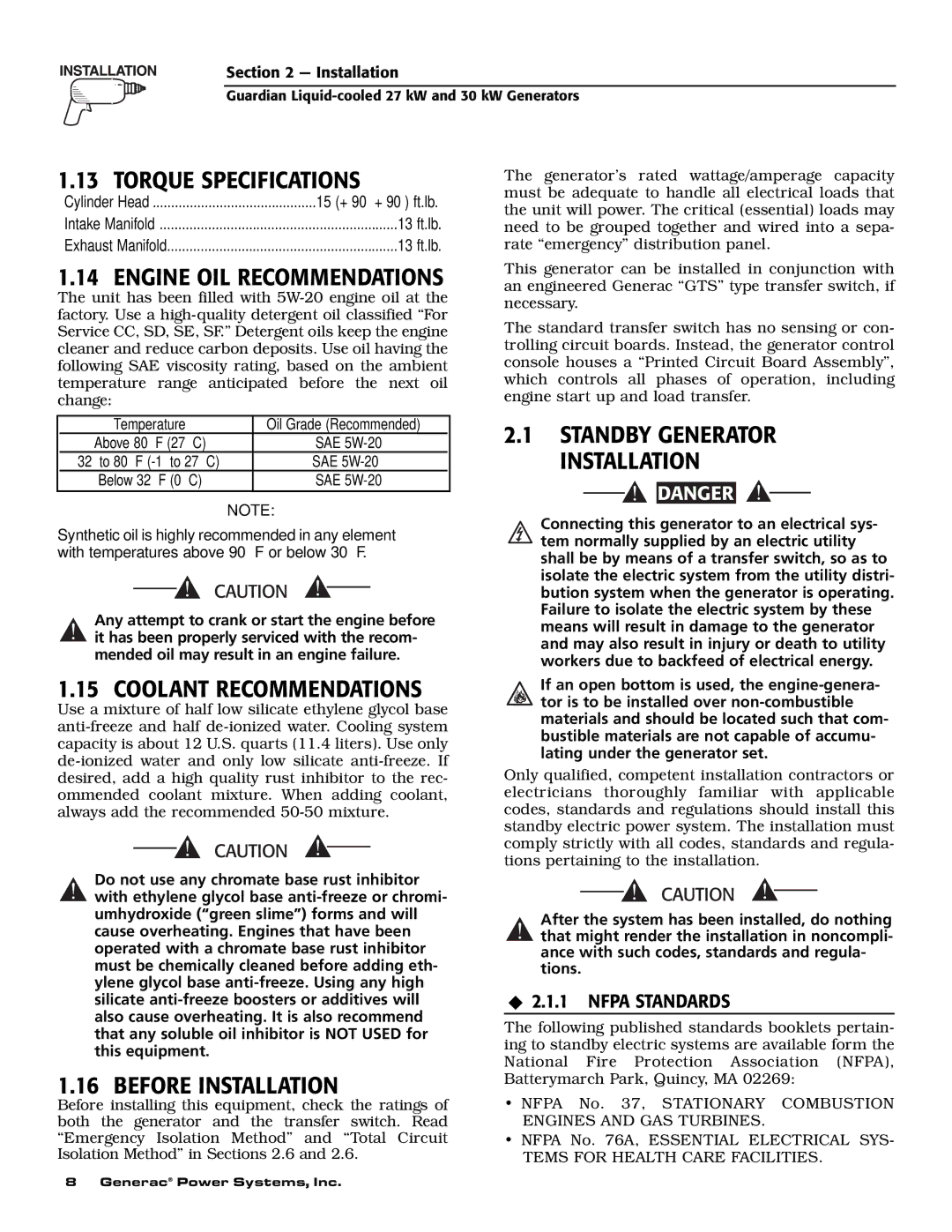 Generac Power Systems 004988-1 owner manual Torque Specifications, Engine OIL Recommendations, Coolant Recommendations 