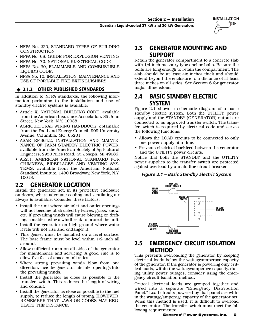 Generac Power Systems 004988-1 owner manual Generator Mounting Support, Basic Standby Electric System, Generator Location 