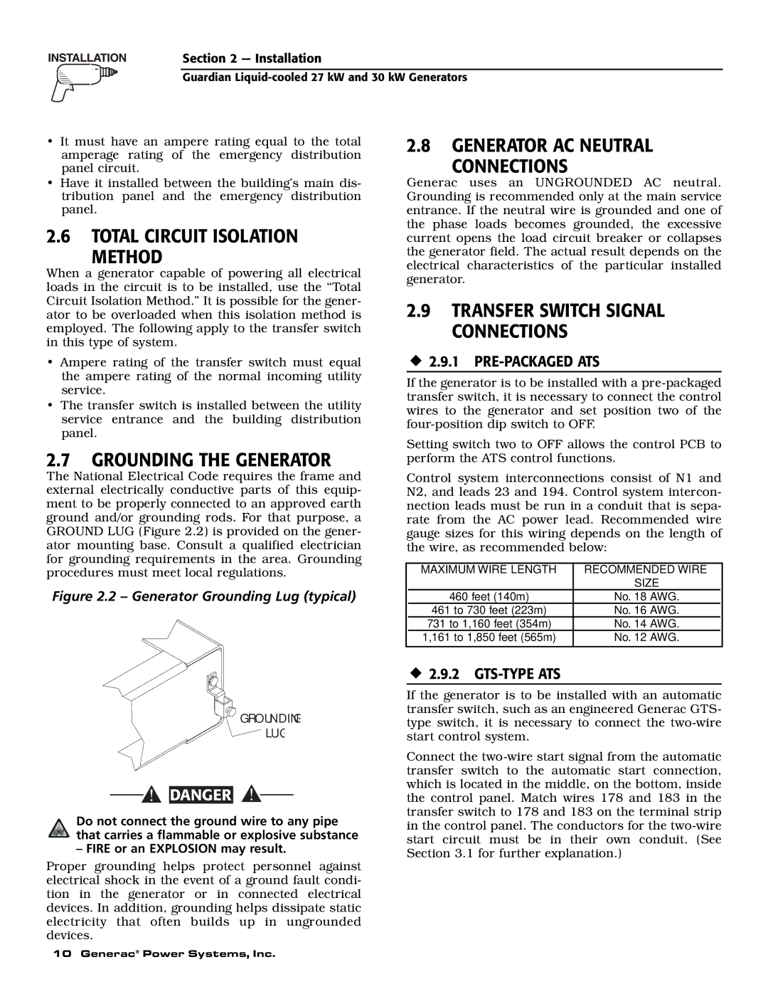 Generac Power Systems 004988-1 Total Circuit Isolation Method, Grounding the Generator, Generator AC Neutral Connections 