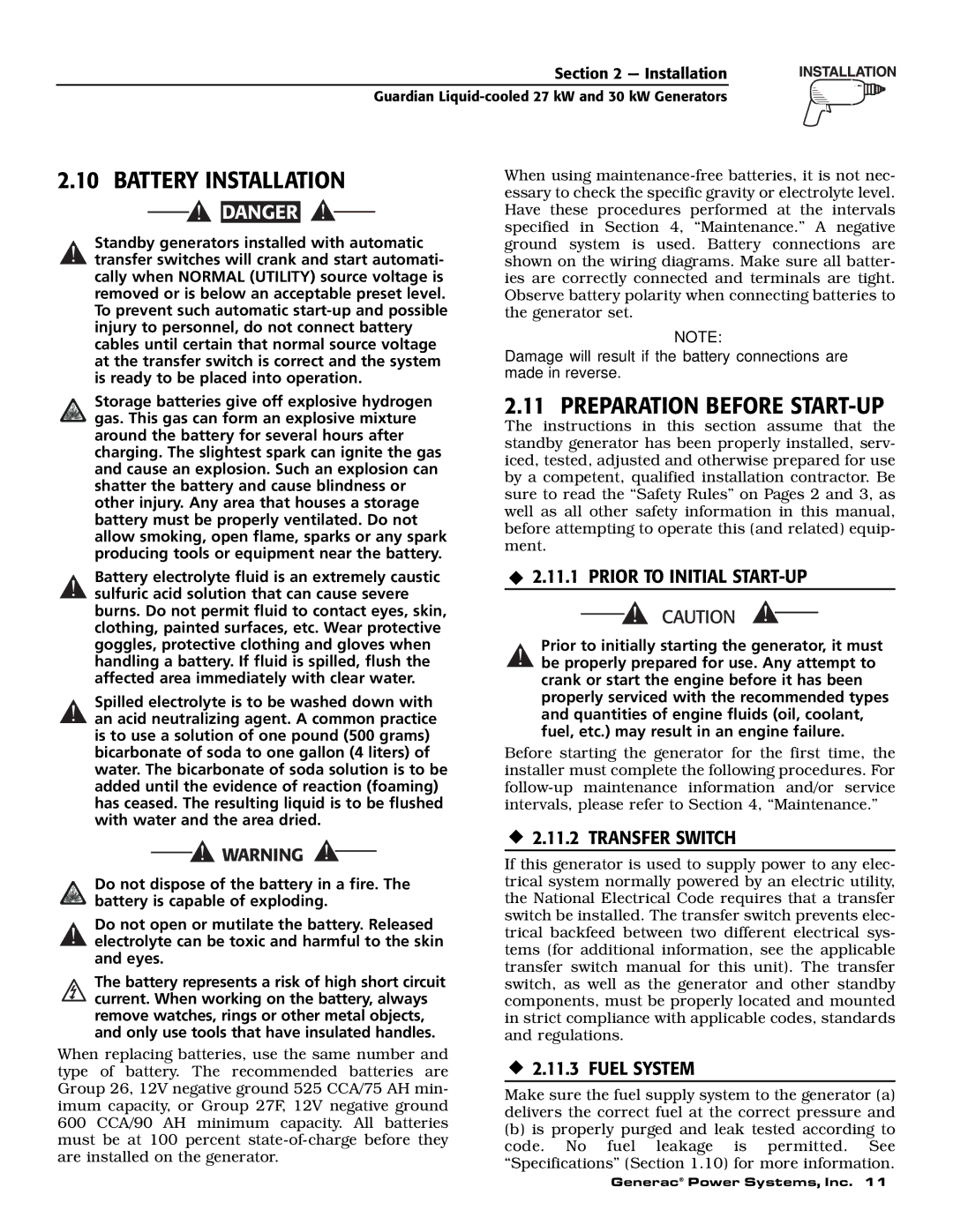 Generac Power Systems 004988-1 Battery Installation, Preparation Before START-UP, ‹ 2.11.1 Prior to Initial START-UP 