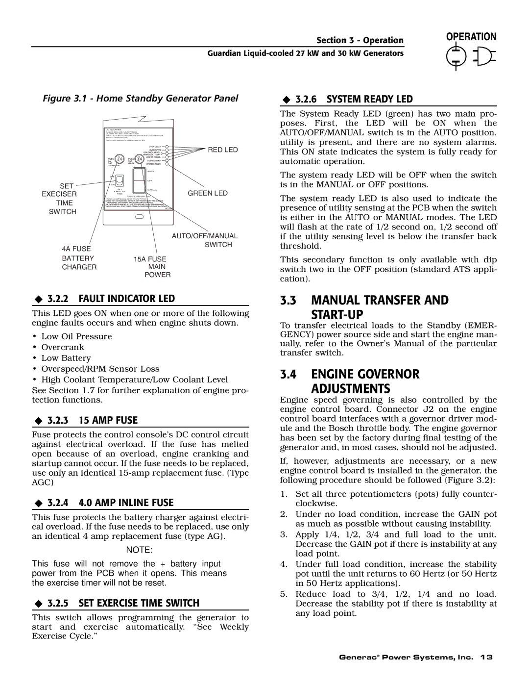 Generac Power Systems 004988-1 owner manual Manual Transfer START-UP Engine Governor Adjustments, ‹ 3.2.6 System Ready LED 